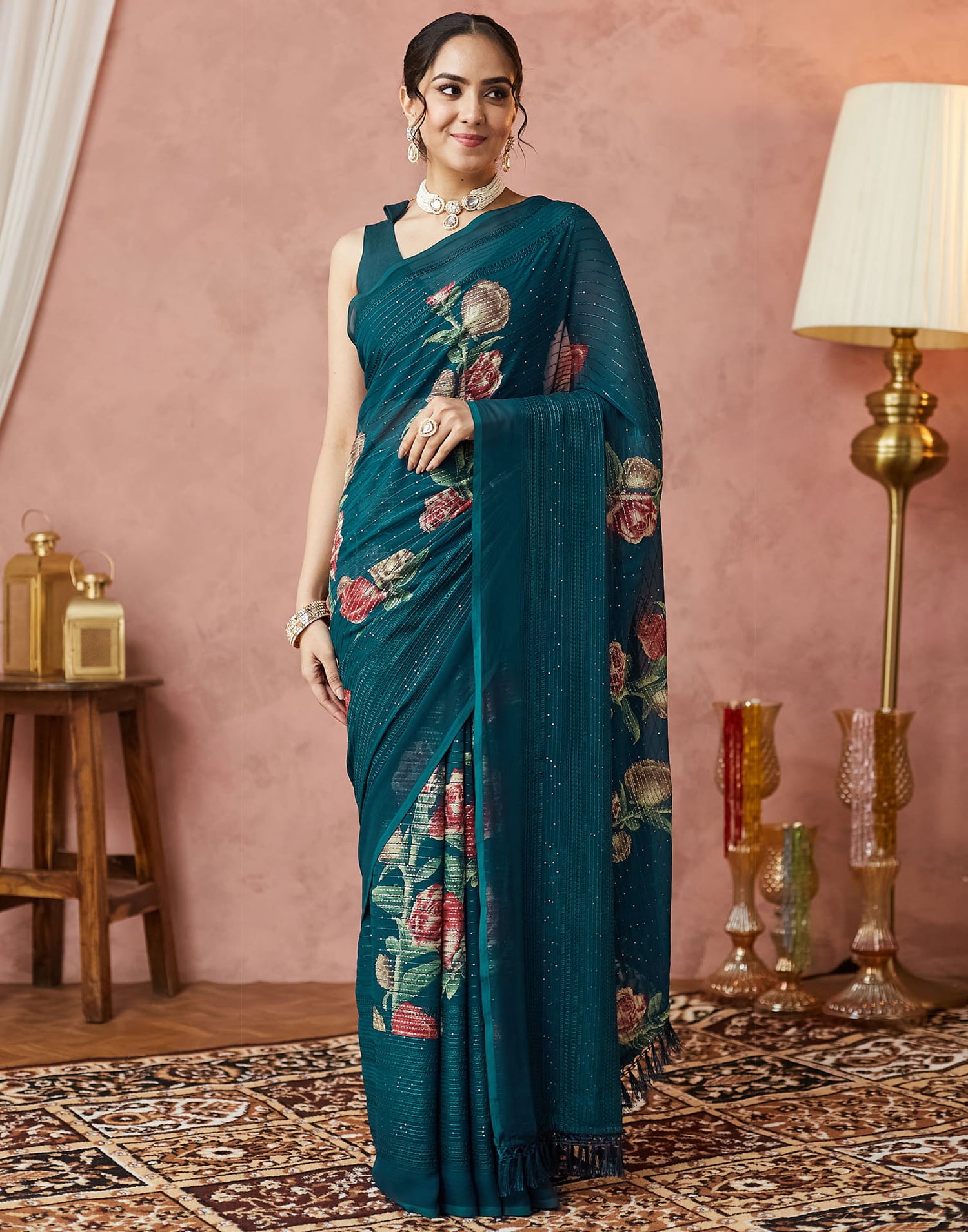 Rama Green Georgette Sequence Embellished Saree