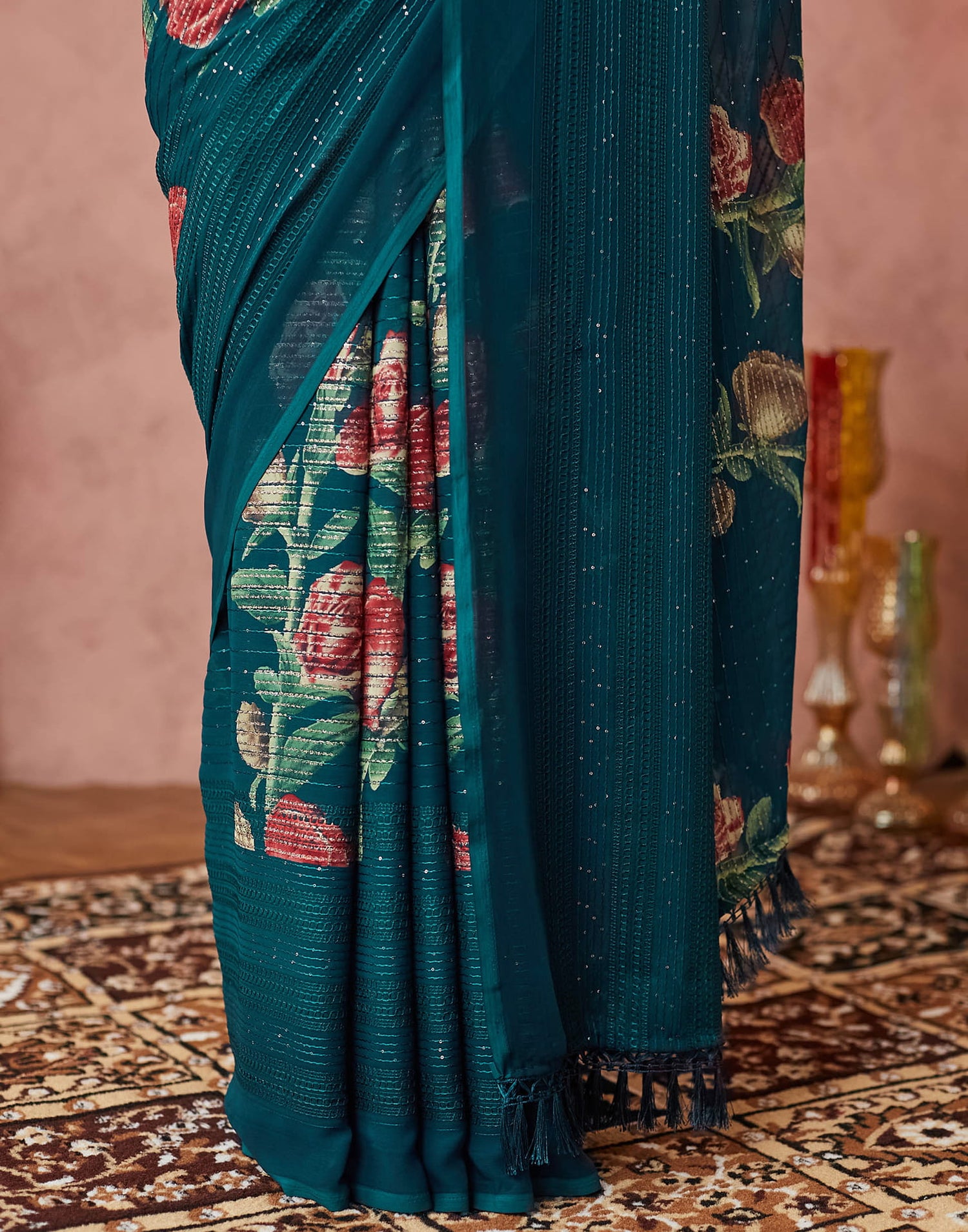 Rama Green Georgette Sequence Embellished Saree