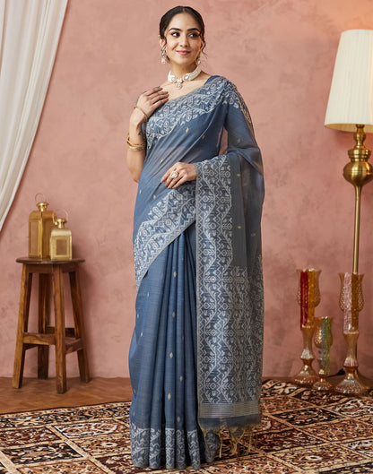 Dark Blue Grey Chanderi Weaving Jamdani Saree