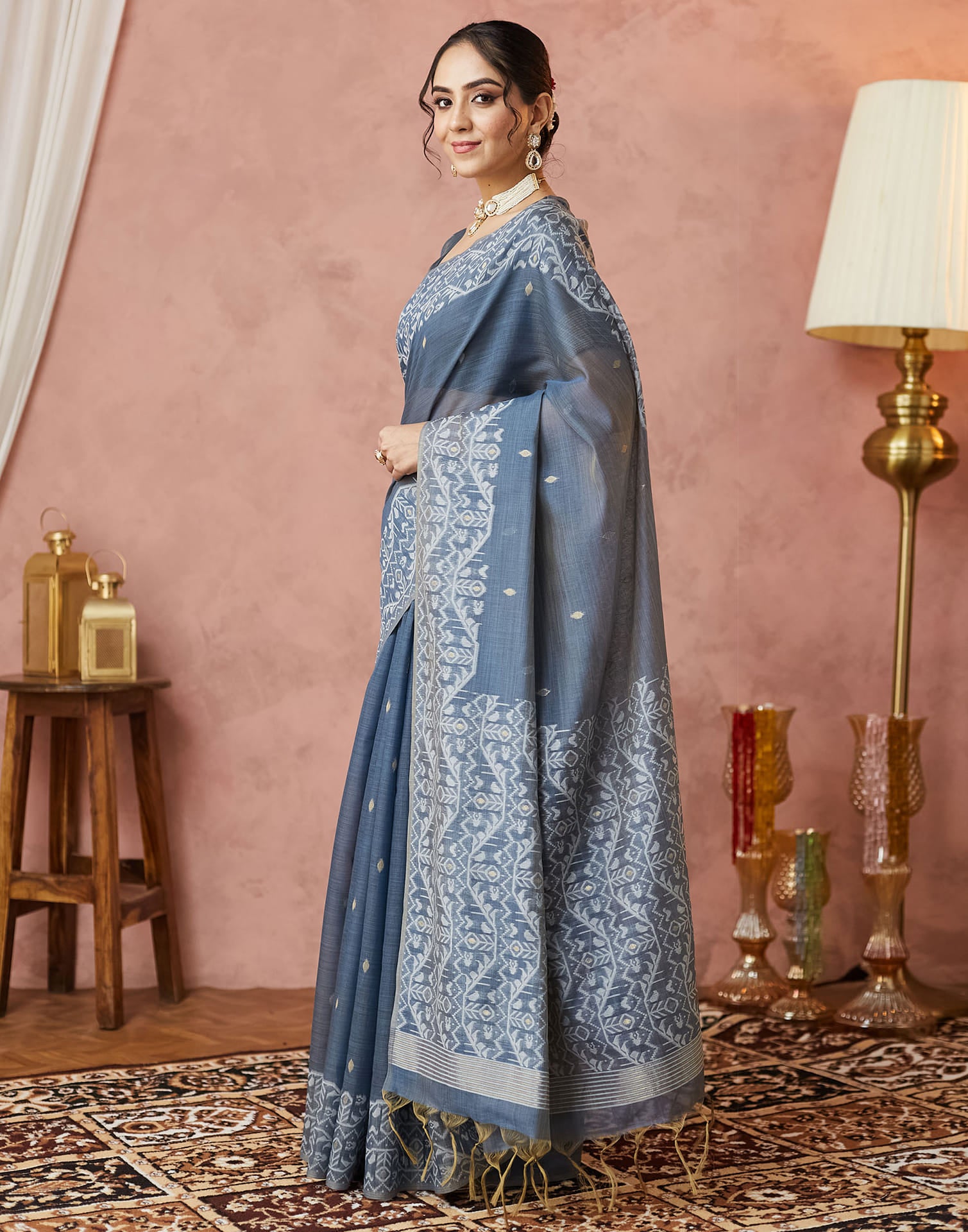 Dark Blue Grey Chanderi Weaving Jamdani Saree