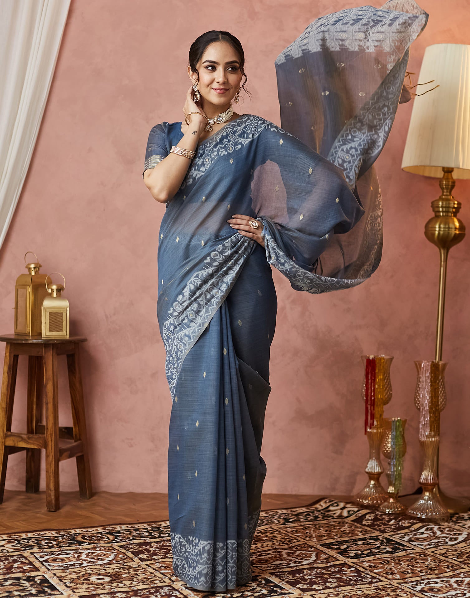 Dark Blue Grey Chanderi Weaving Jamdani Saree