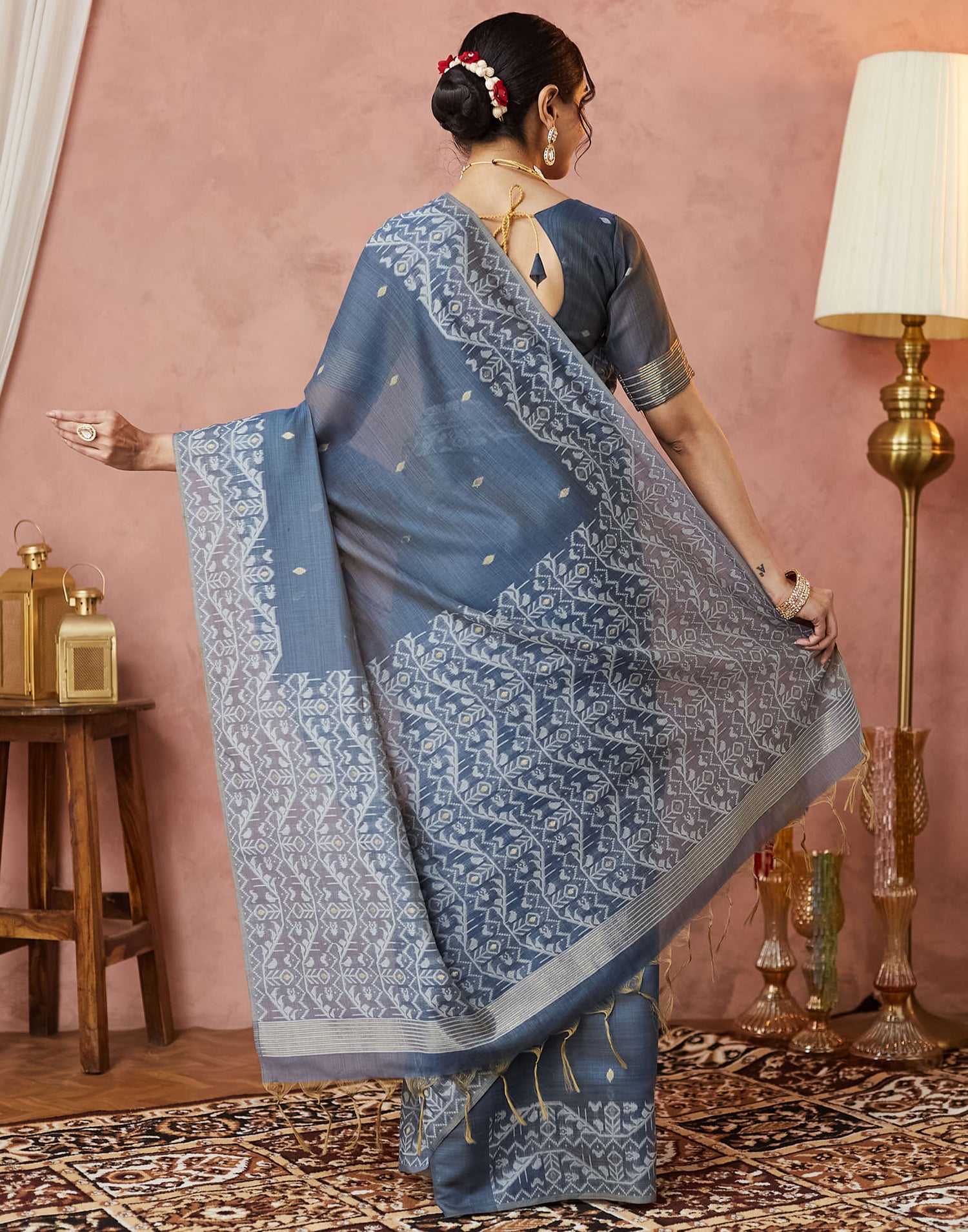 Dark Blue Grey Chanderi Weaving Jamdani Saree