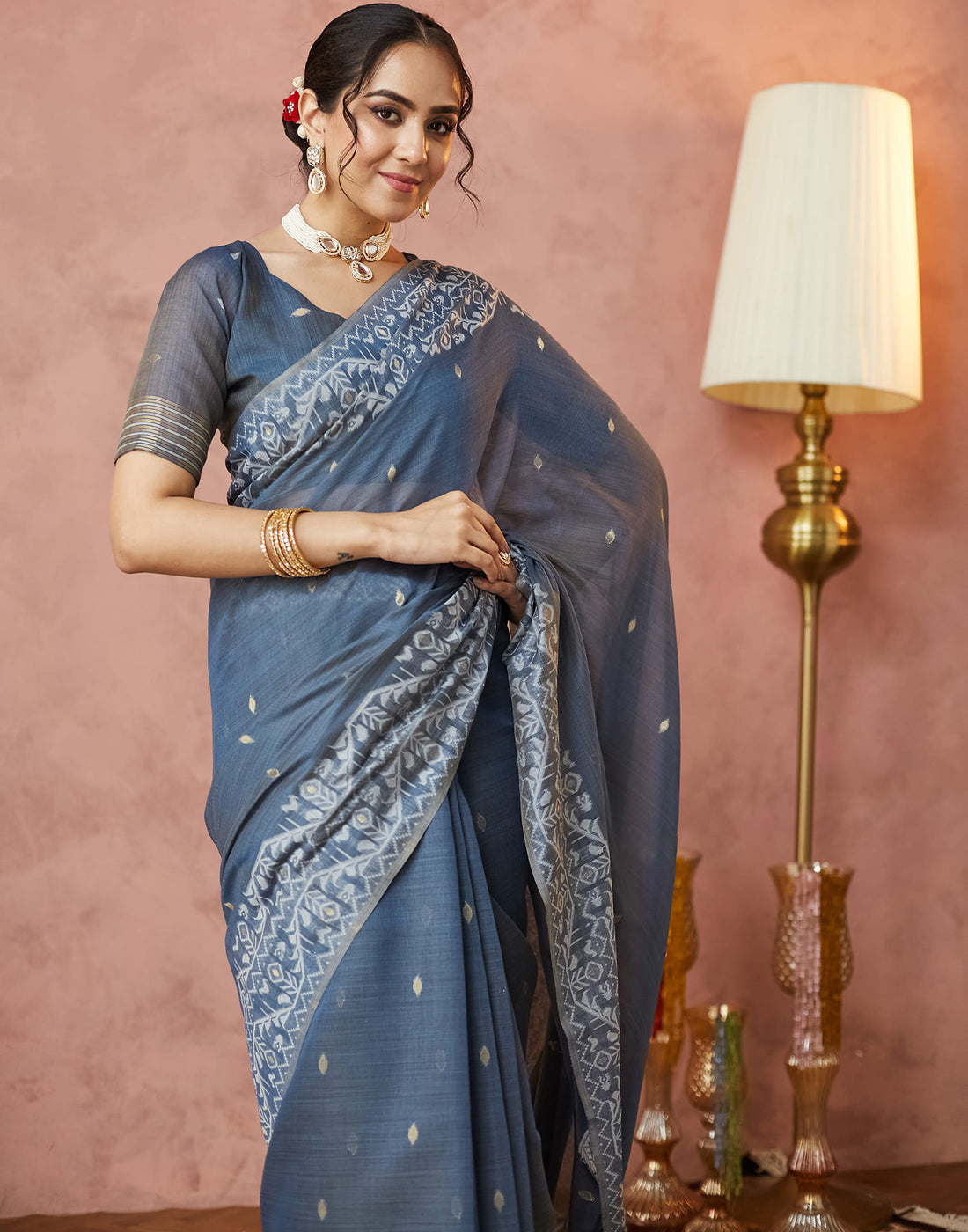 Dark Blue Grey Chanderi Weaving Jamdani Saree