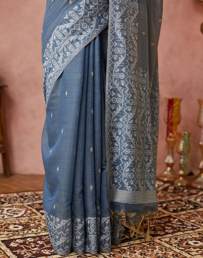 Dark Blue Grey Chanderi Weaving Jamdani Saree