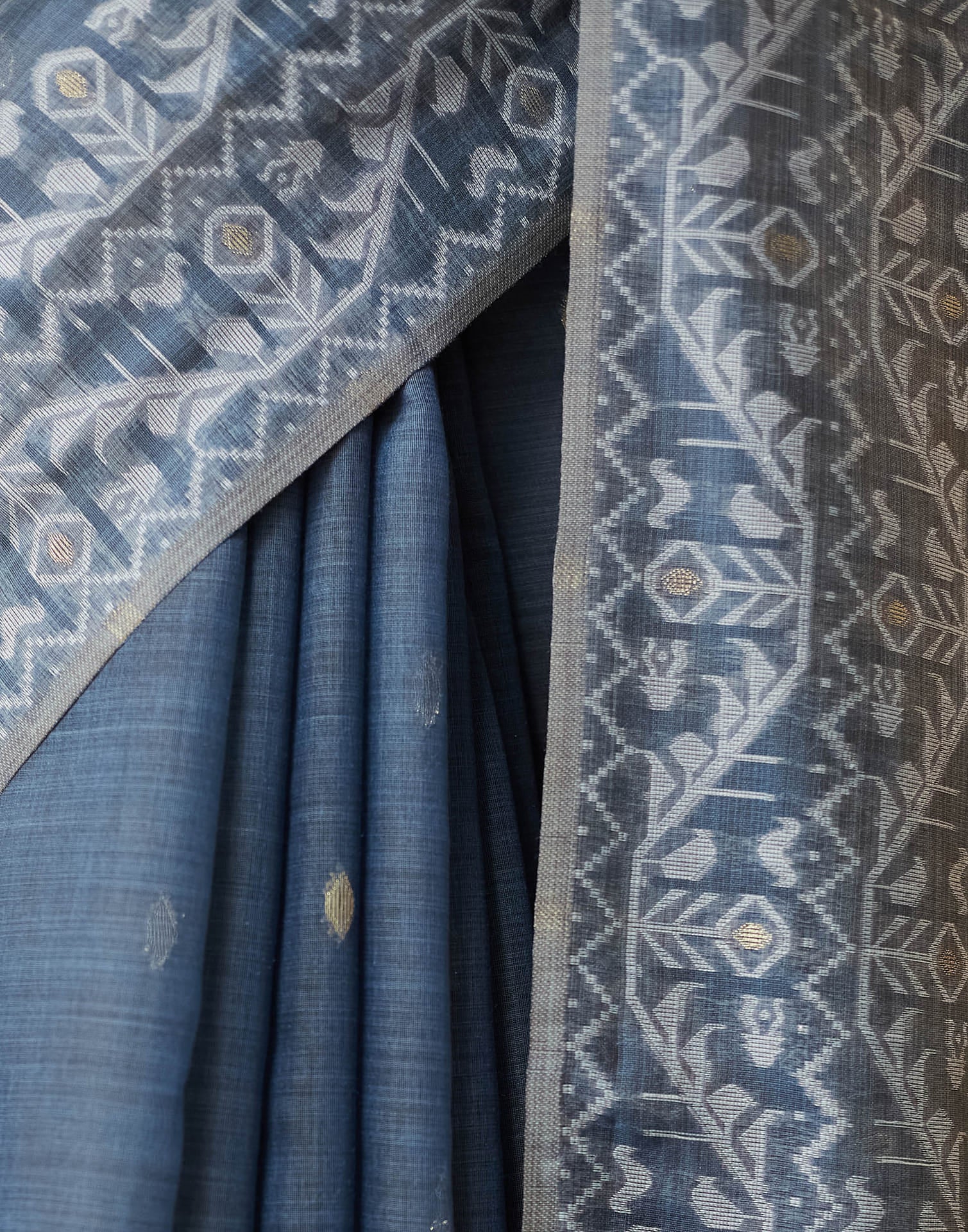 Dark Blue Grey Chanderi Weaving Jamdani Saree