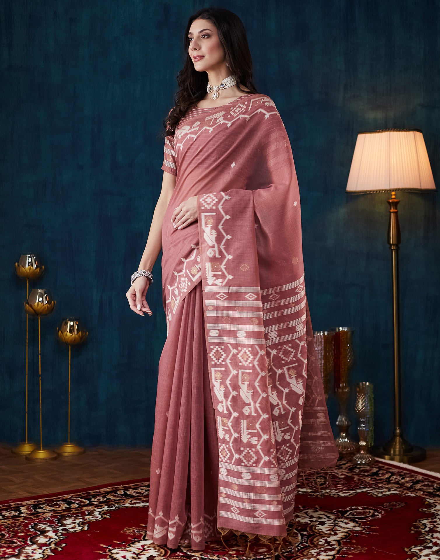 Dusty Pink Chanderi Weaving Jamdani Saree