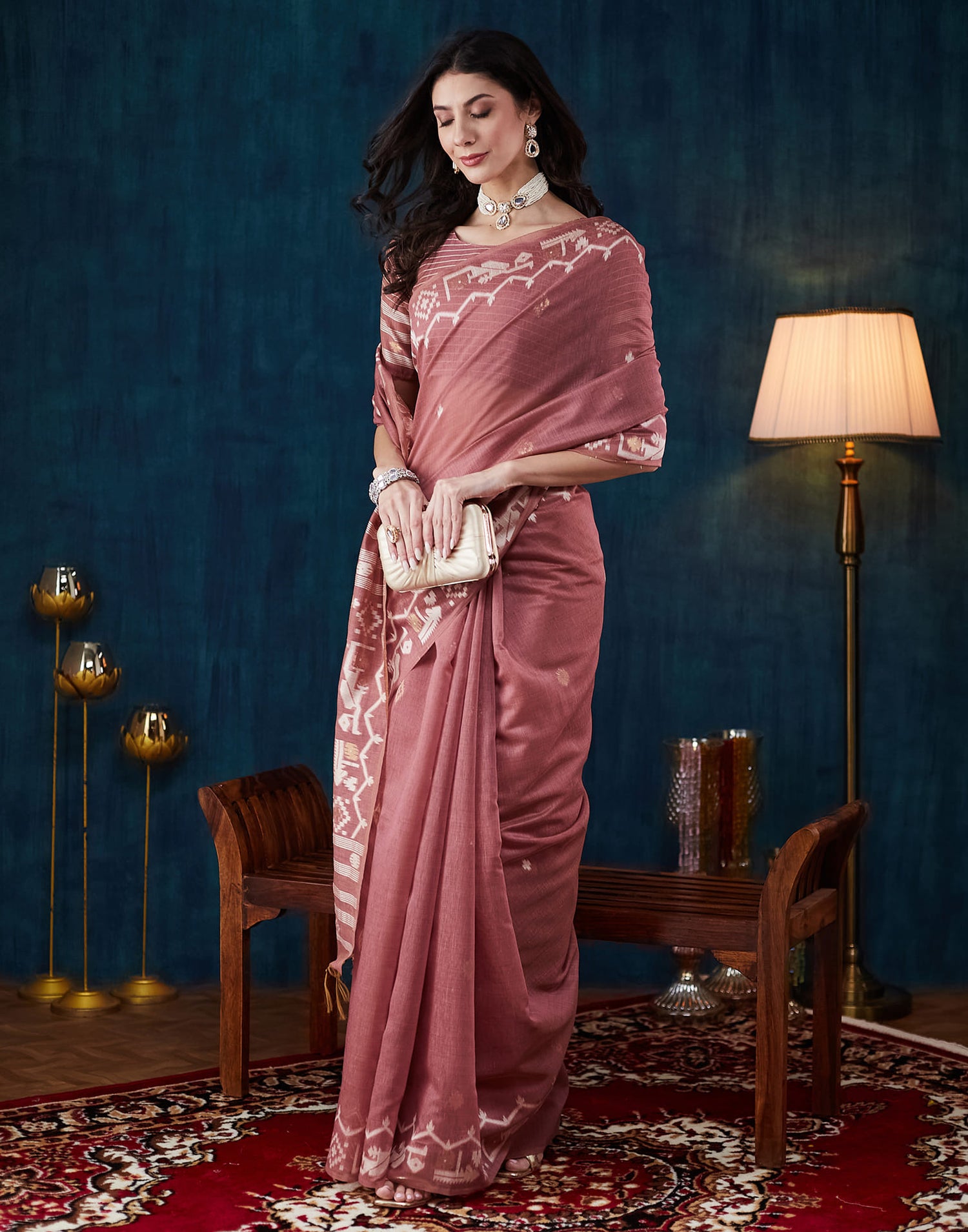 Dusty Pink Chanderi Weaving Jamdani Saree