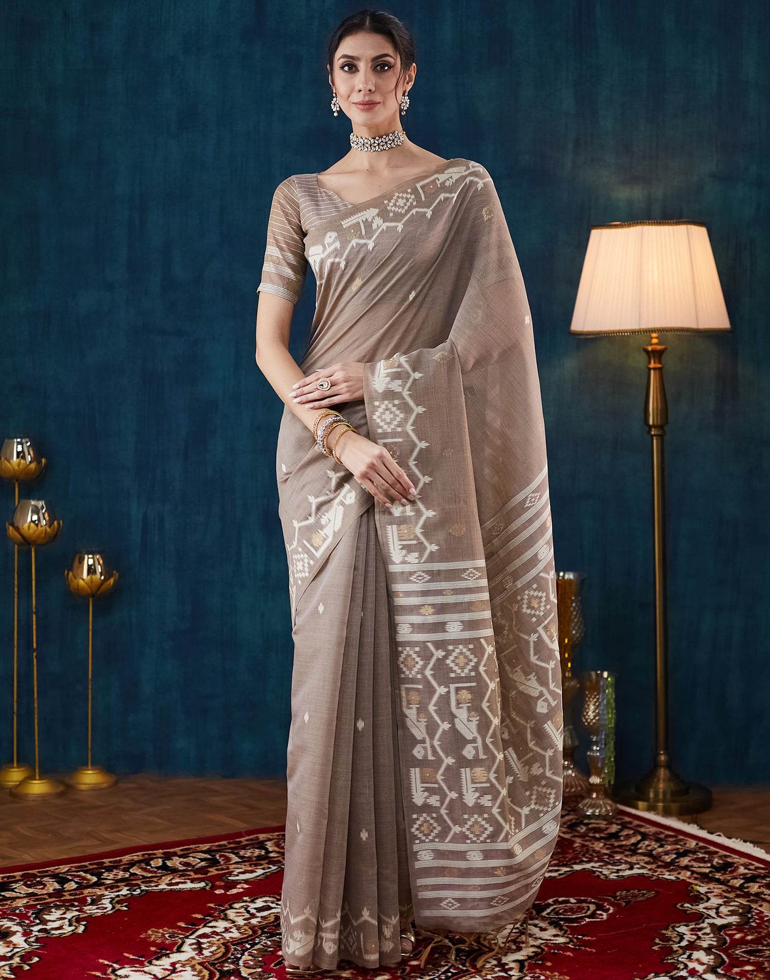 Warm Grey Chanderi Weaving Jamdani Saree