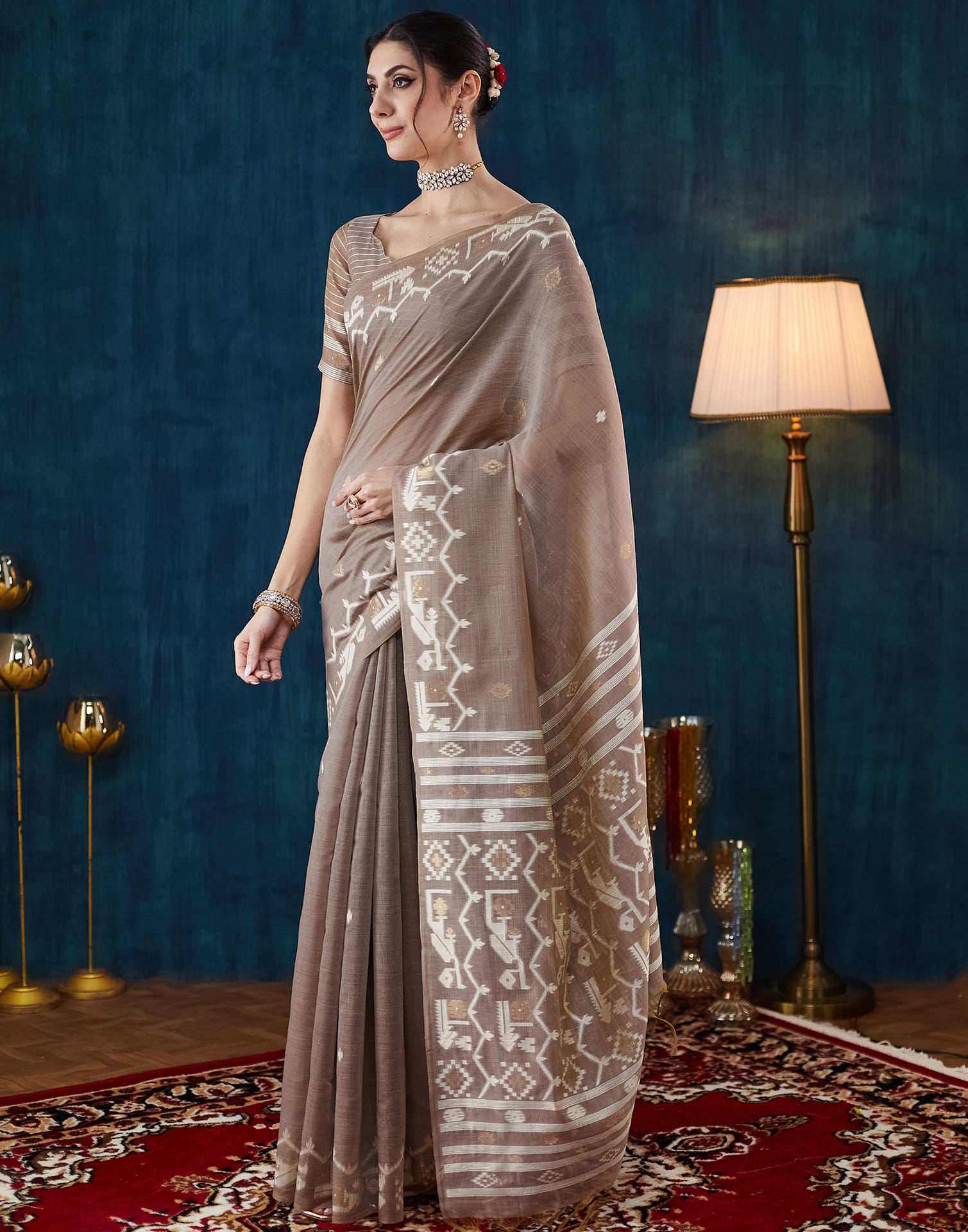 Warm Grey Chanderi Weaving Jamdani Saree