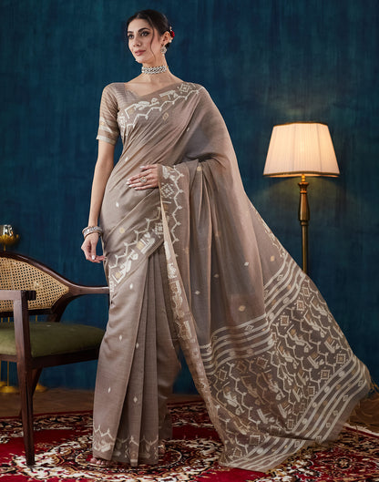 Warm Grey Chanderi Weaving Jamdani Saree