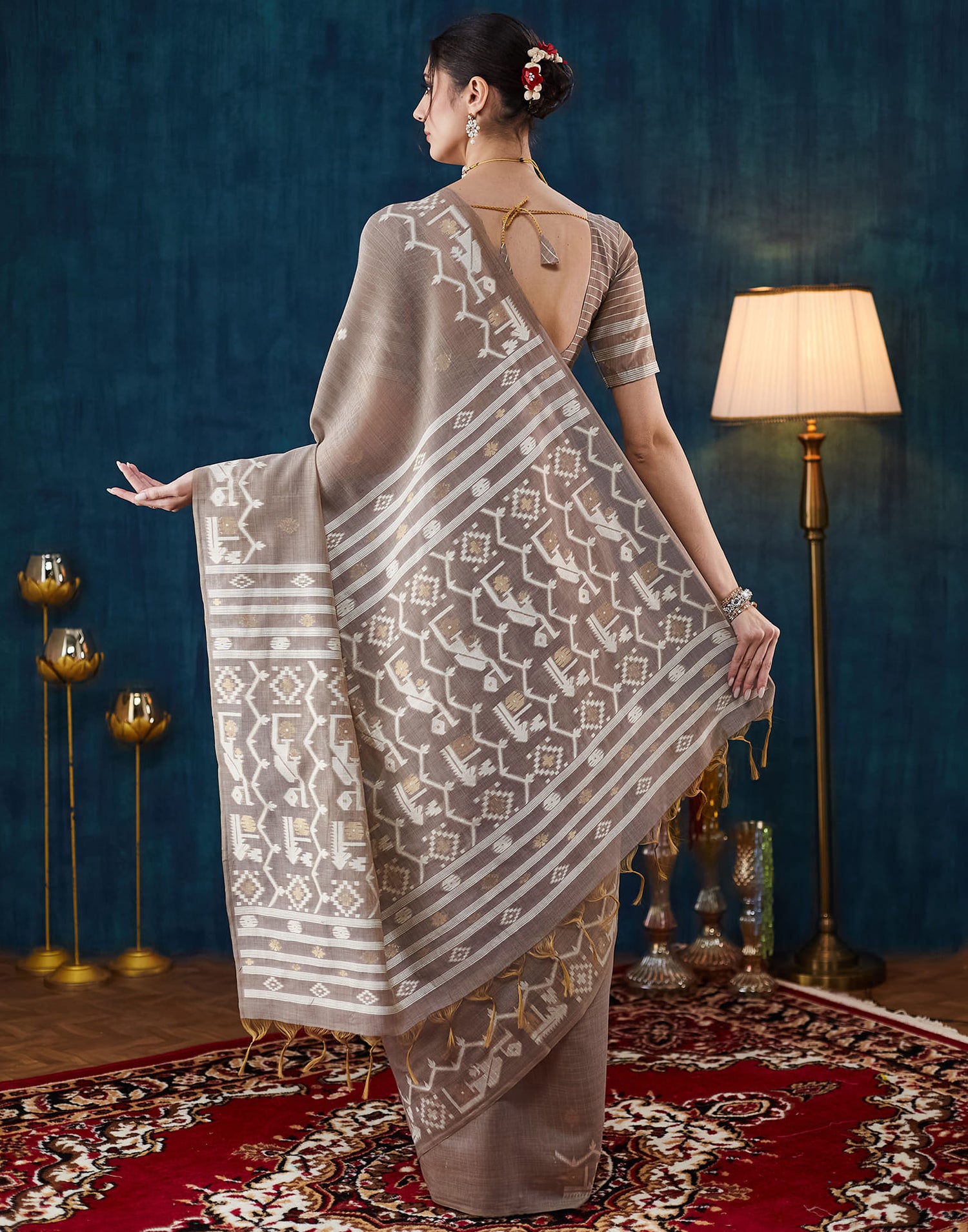 Warm Grey Chanderi Weaving Jamdani Saree