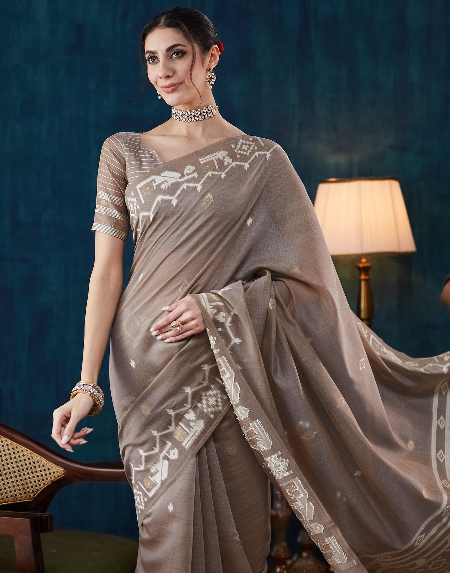 Warm Grey Chanderi Weaving Jamdani Saree