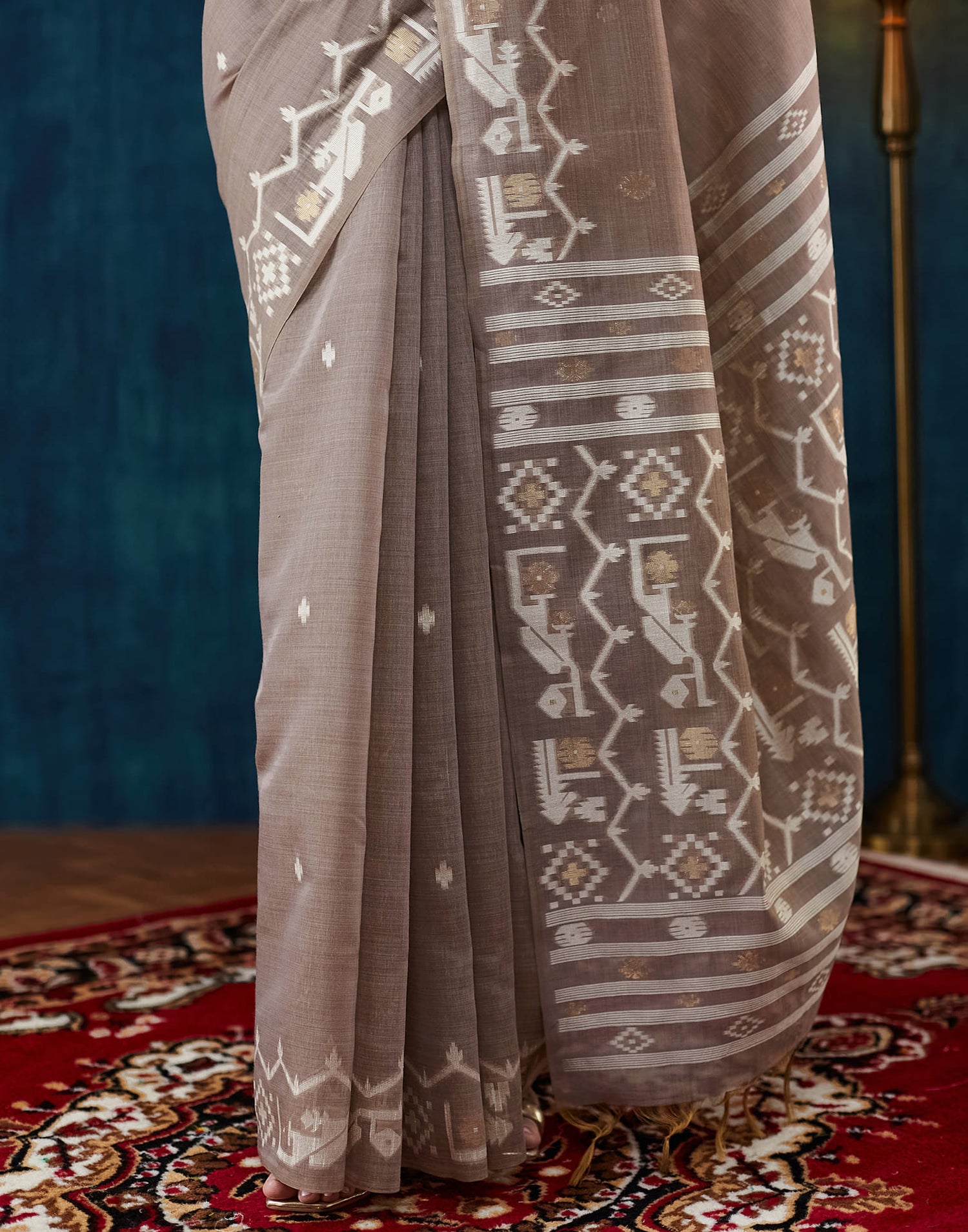 Warm Grey Chanderi Weaving Jamdani Saree