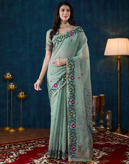 Light Pista Green Chanderi Weaving Jamdani Saree