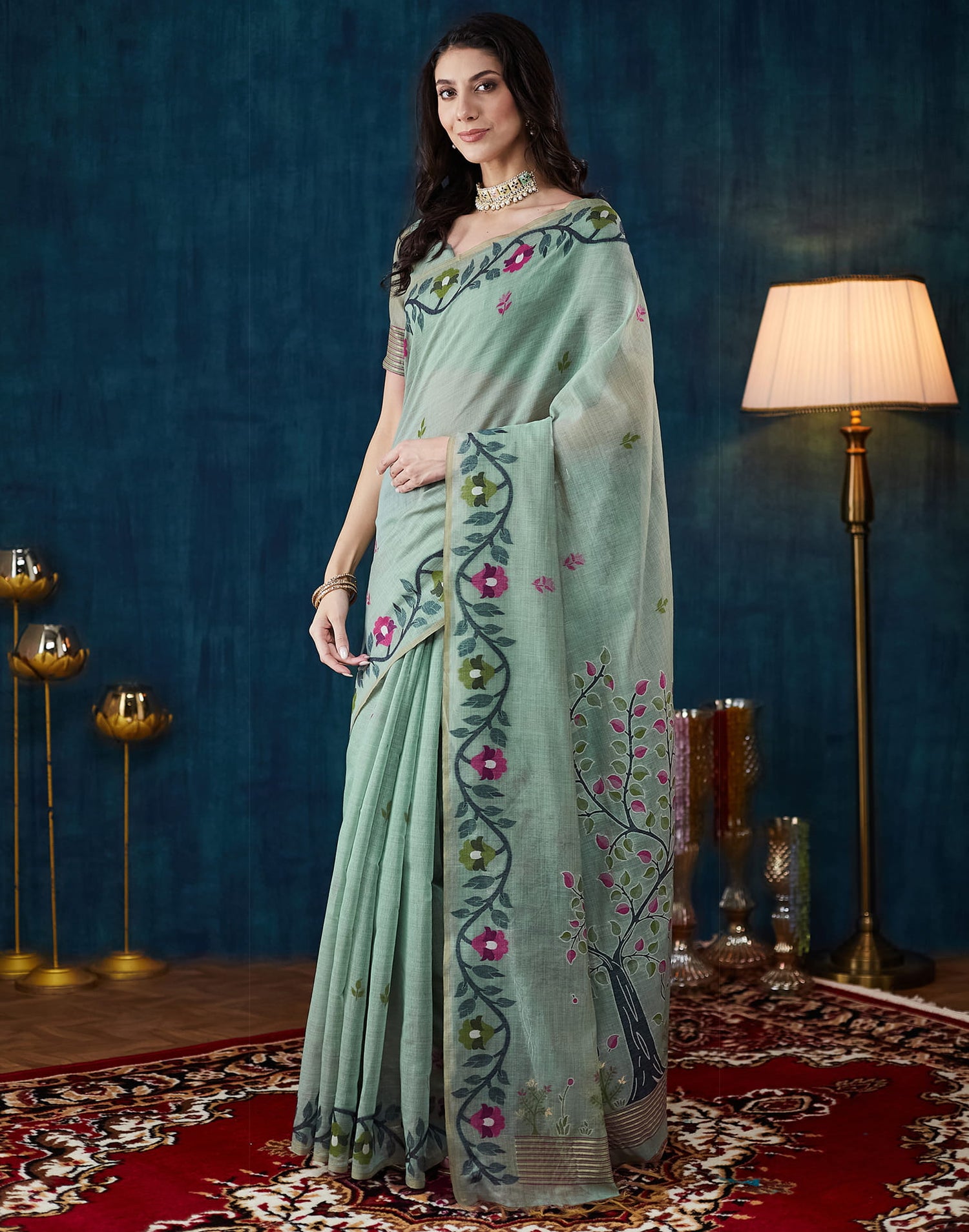 Light Pista Green Chanderi Weaving Jamdani Saree