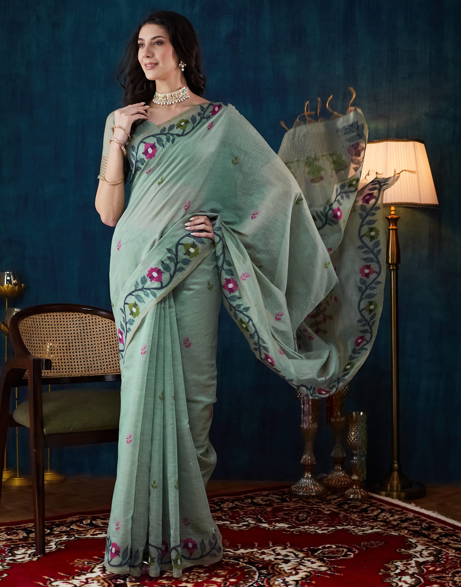 Light Pista Green Chanderi Weaving Jamdani Saree