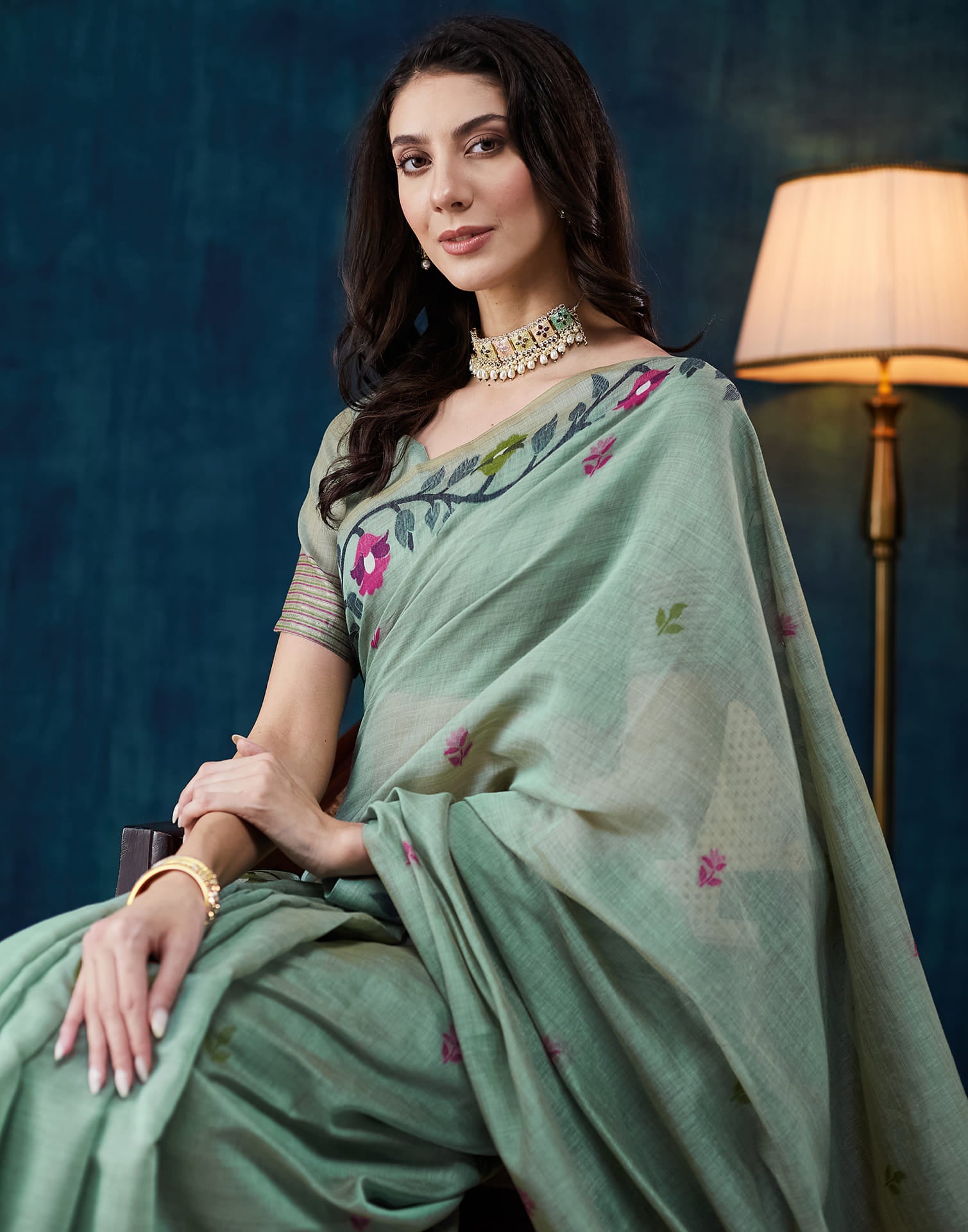 Light Pista Green Chanderi Weaving Jamdani Saree