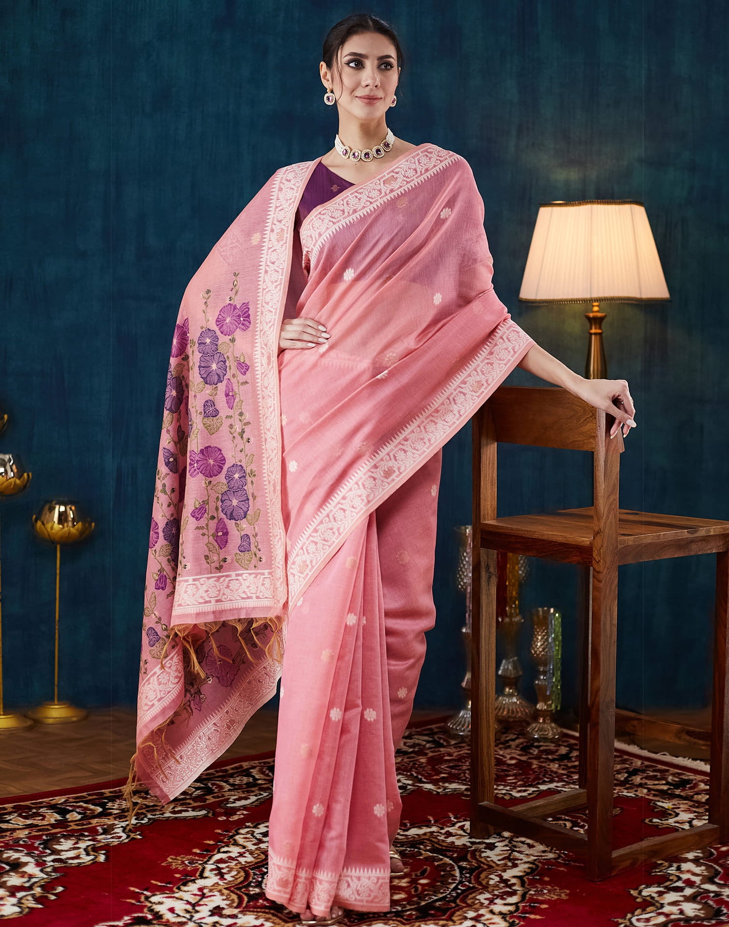 Pink Chanderi Weaving Jamdani Saree