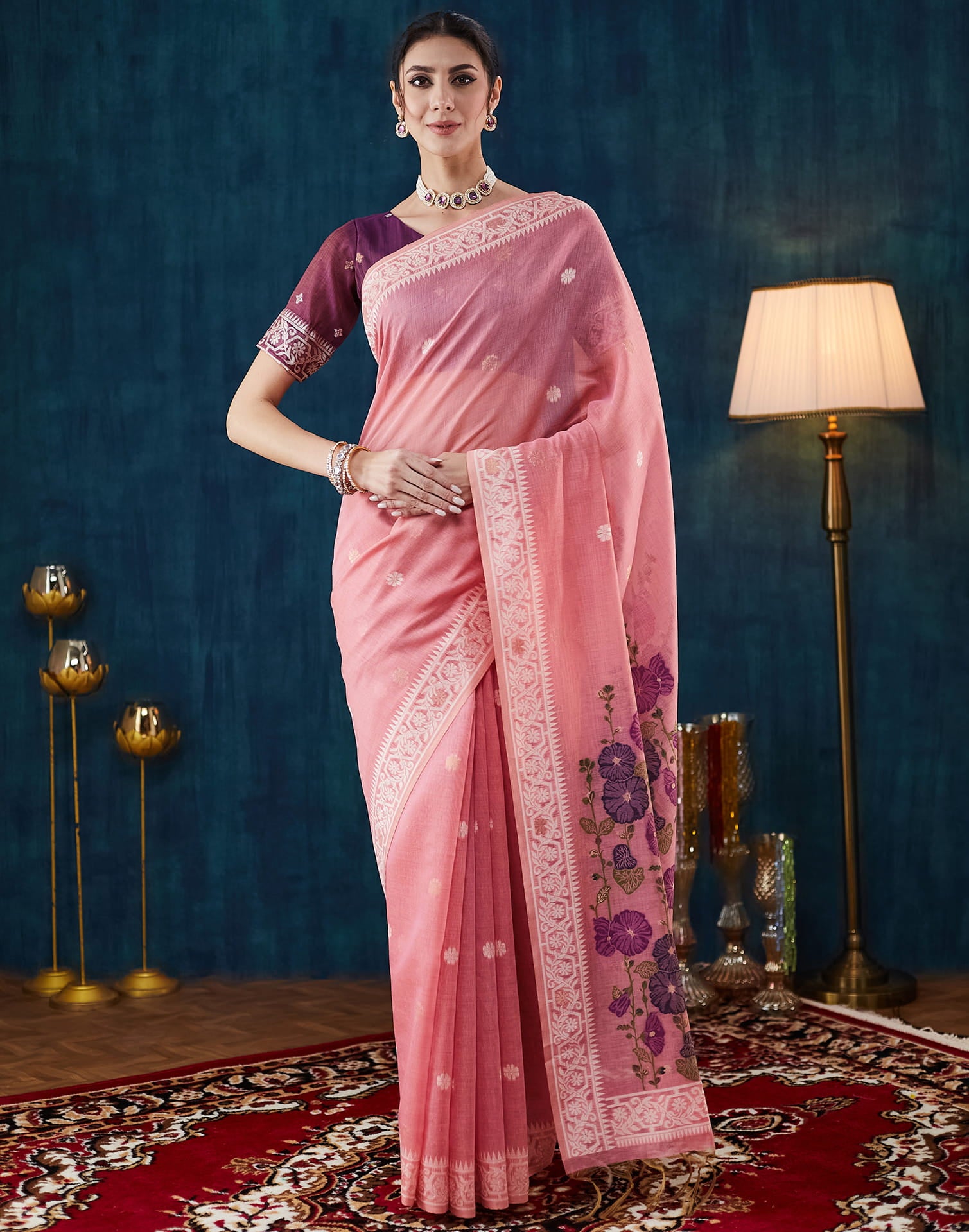 Pink Chanderi Weaving Jamdani Saree