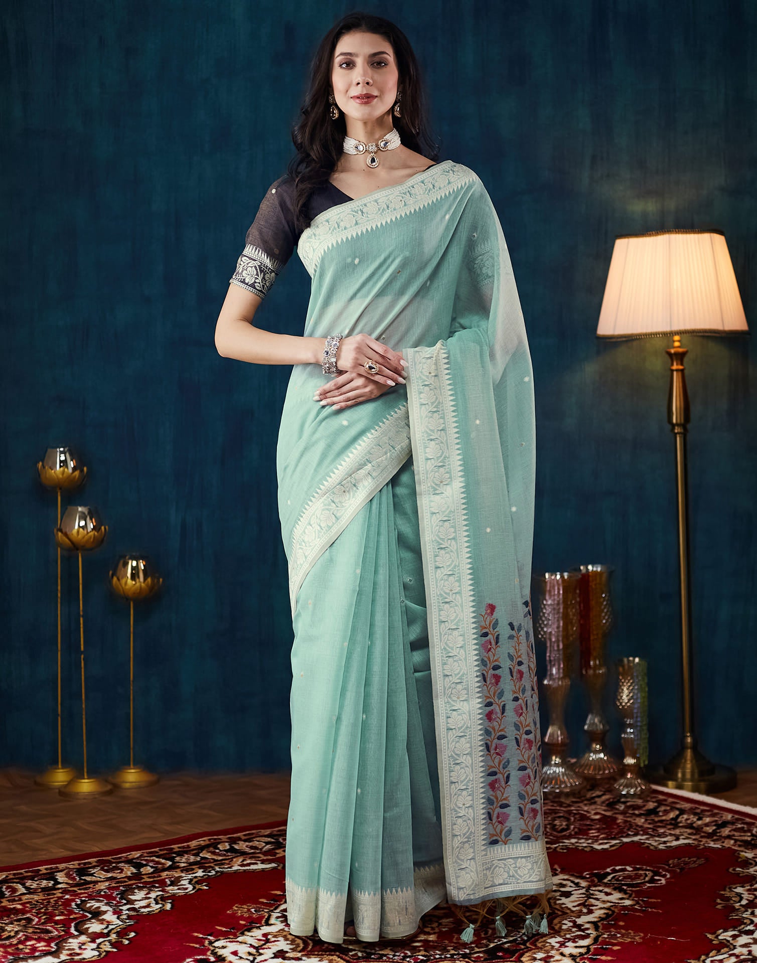 Powder Blue Chanderi Weaving Jamdani Saree