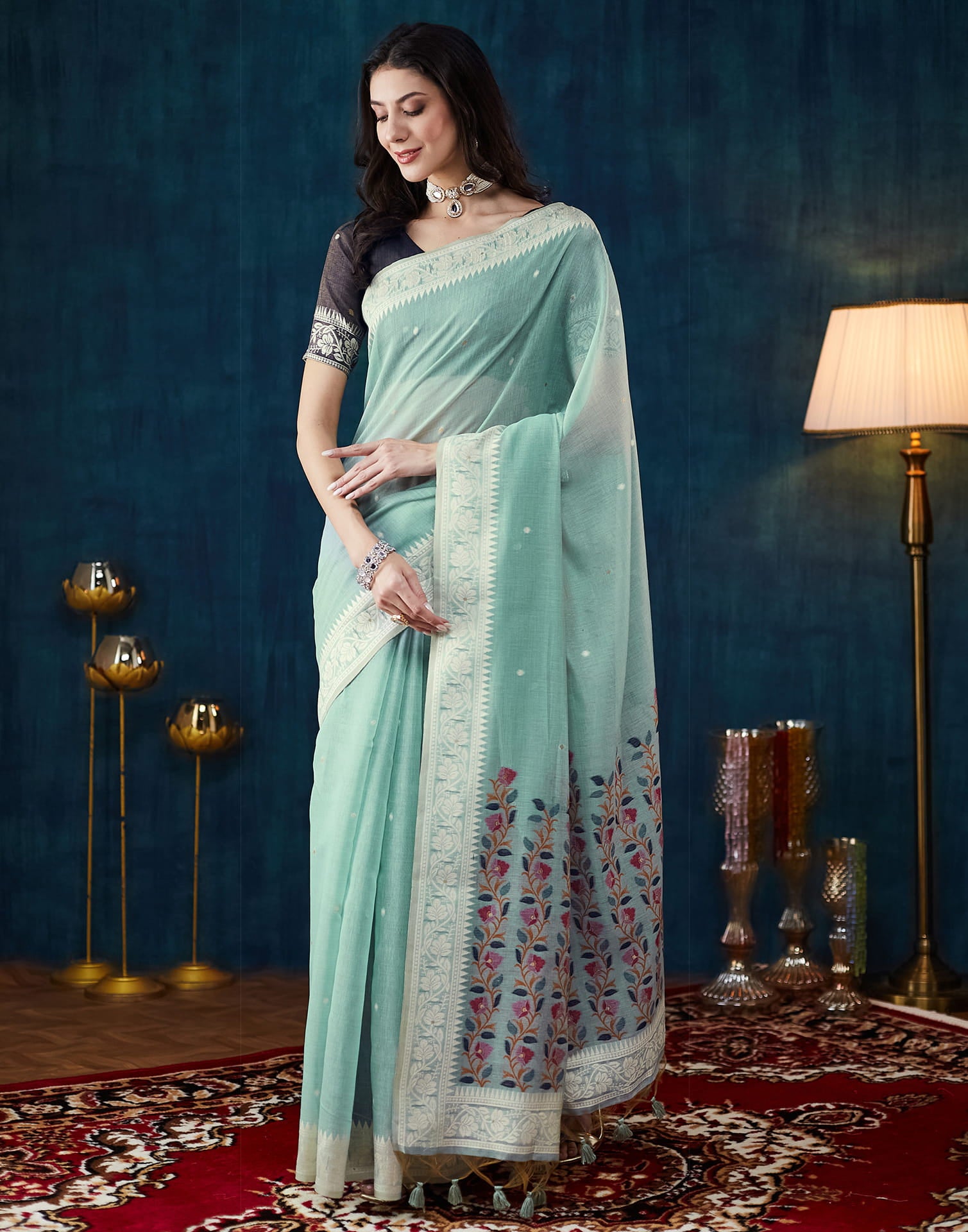 Powder Blue Chanderi Weaving Jamdani Saree