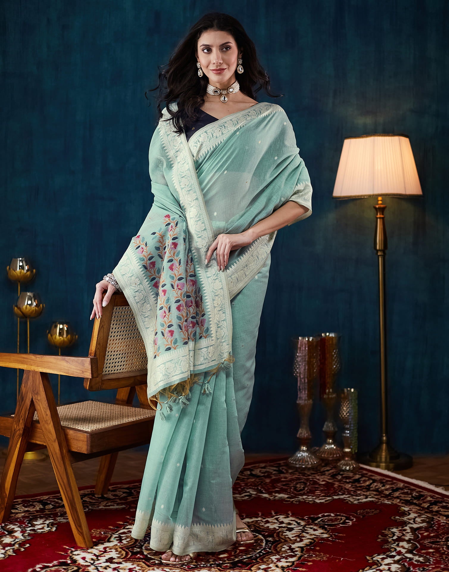 Powder Blue Chanderi Weaving Jamdani Saree