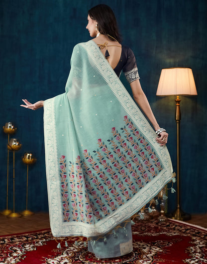 Powder Blue Chanderi Weaving Jamdani Saree