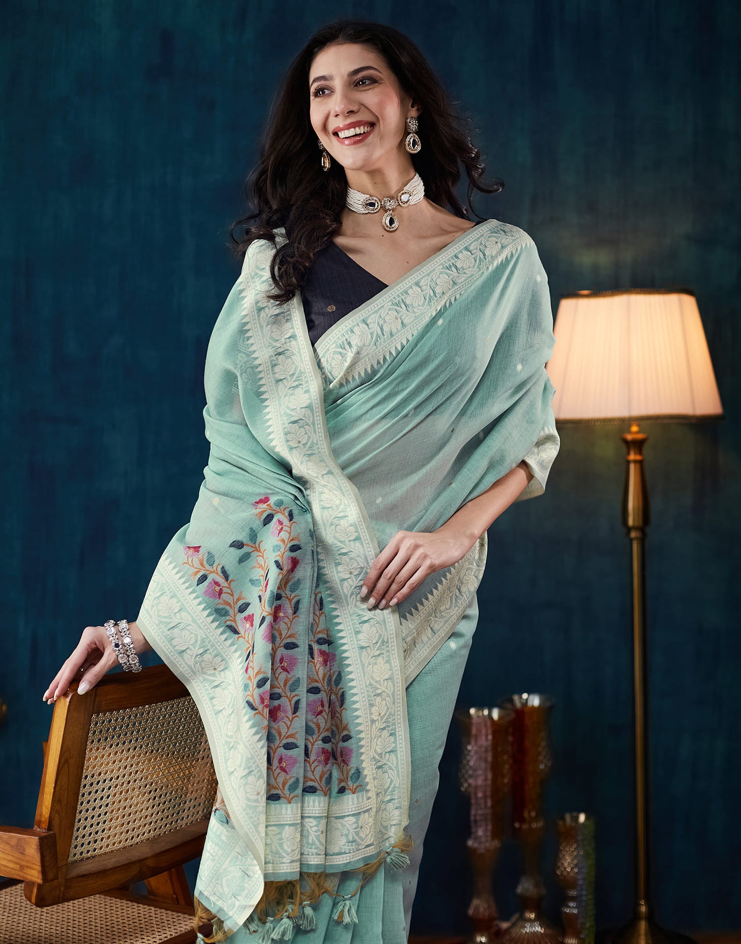 Powder Blue Chanderi Weaving Jamdani Saree