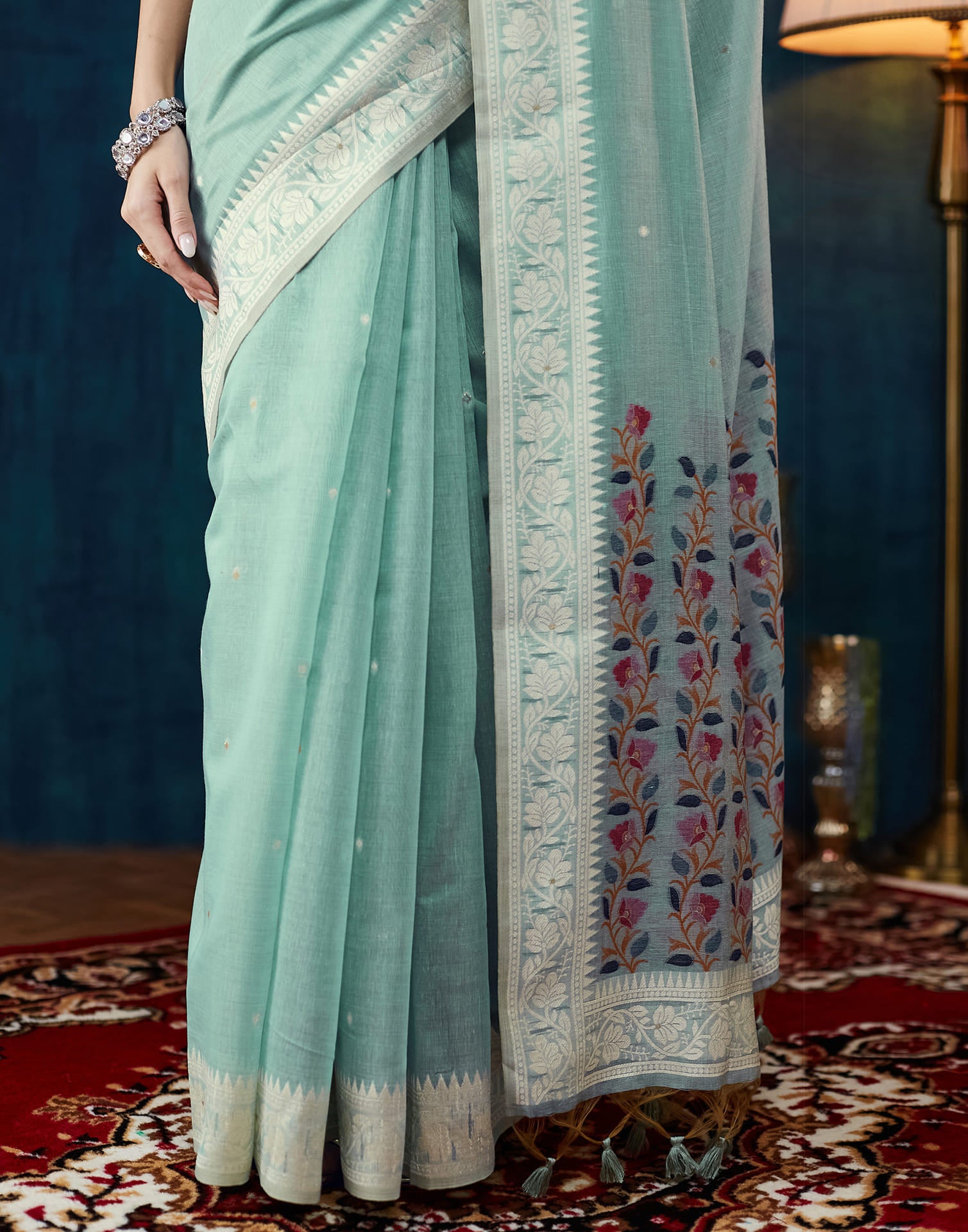 Powder Blue Chanderi Weaving Jamdani Saree