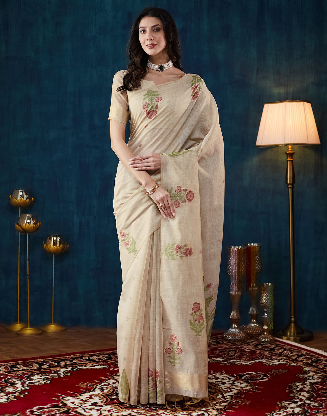 Beige Chanderi Weaving Jamdani Saree