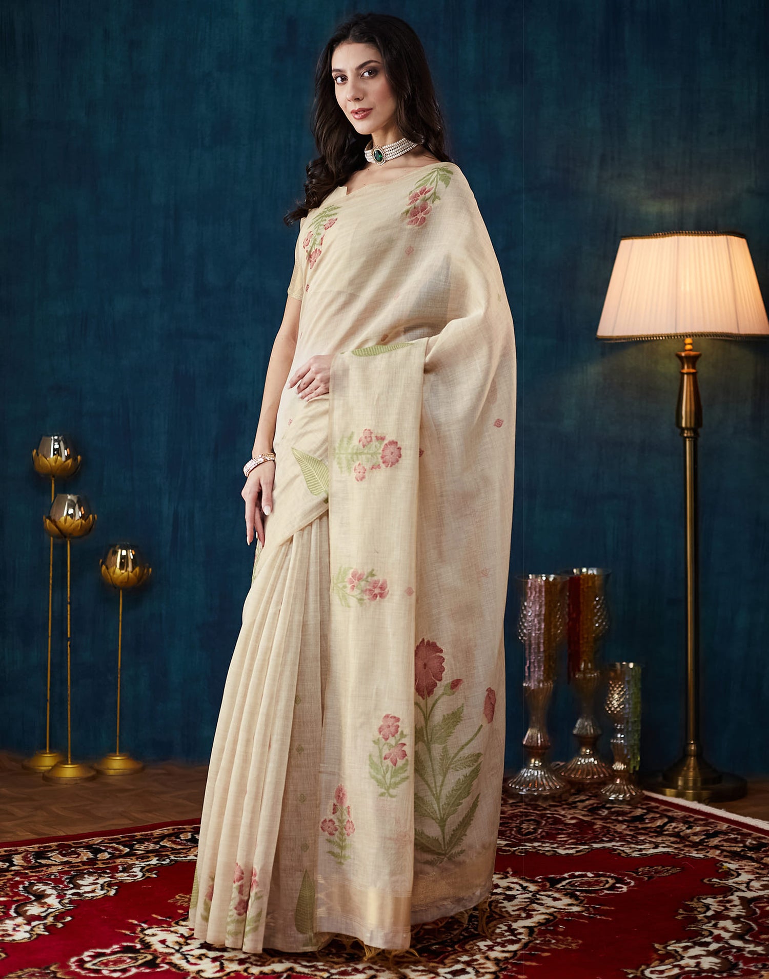 Beige Chanderi Weaving Jamdani Saree