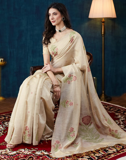 Beige Chanderi Weaving Jamdani Saree