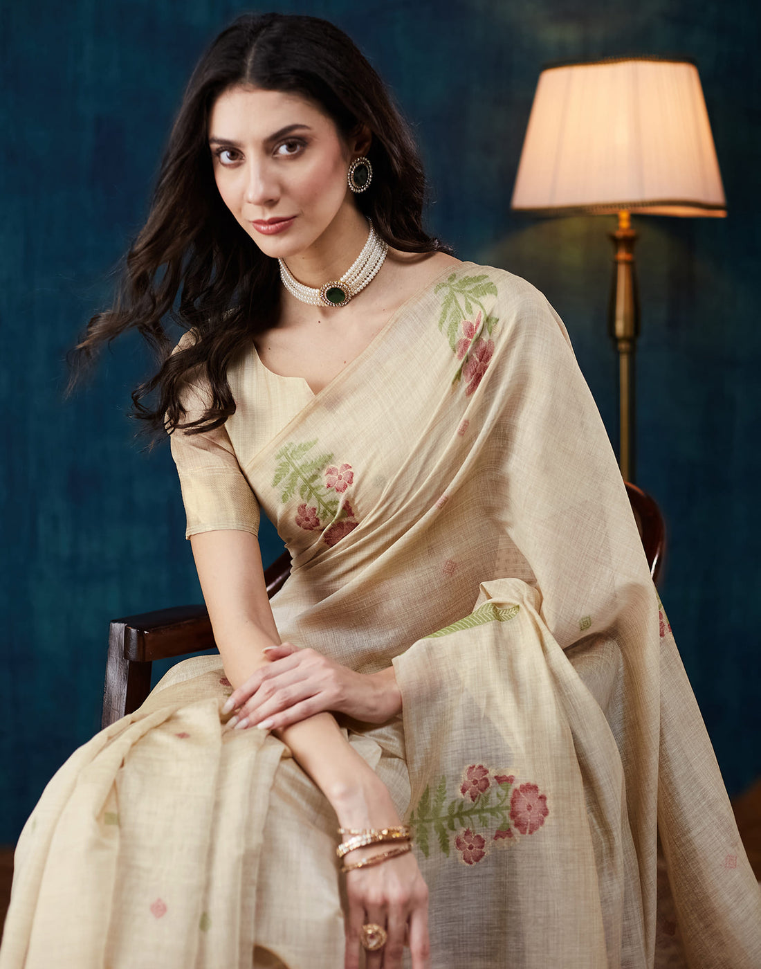 Beige Chanderi Weaving Jamdani Saree