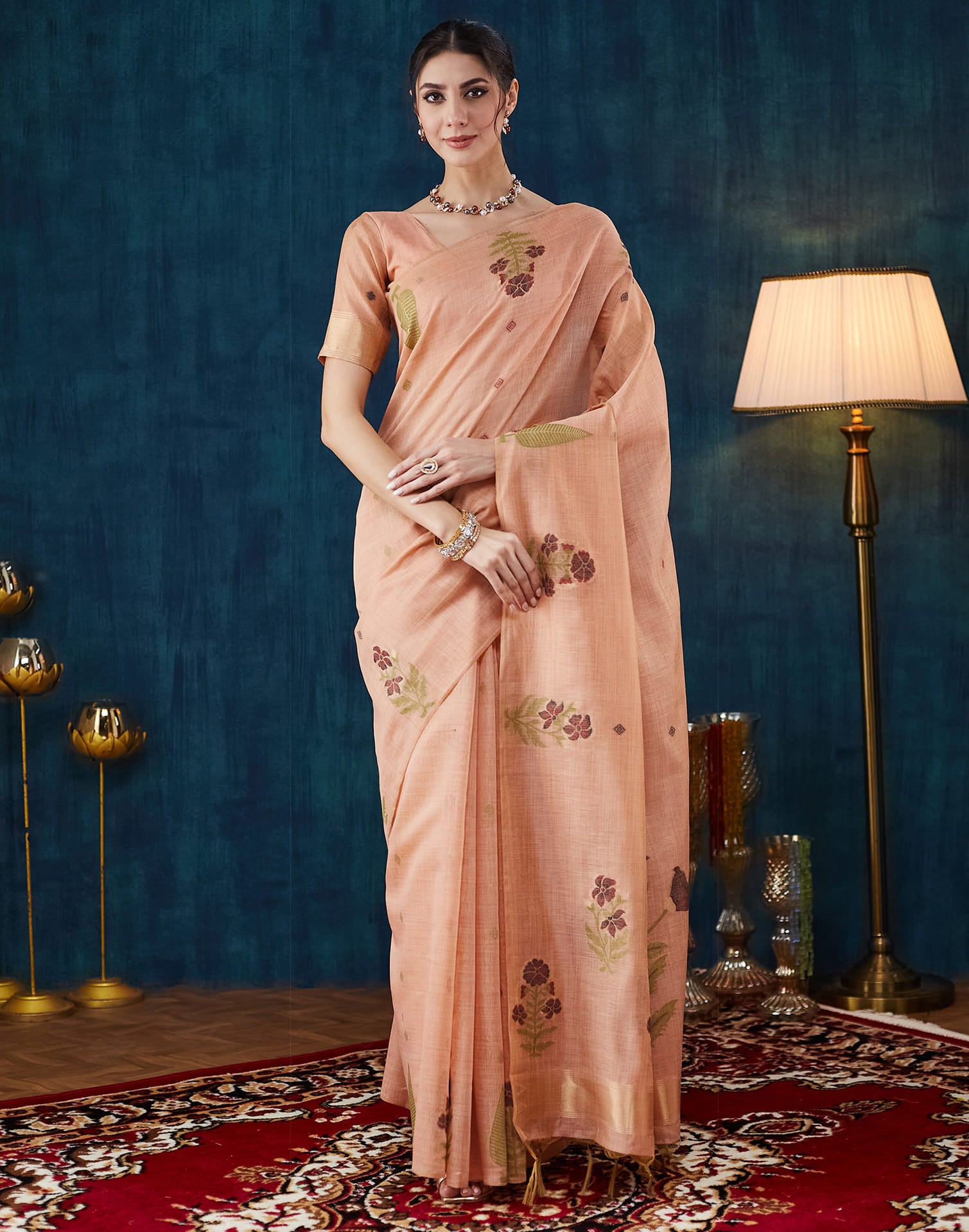 Dusty Peach Chanderi Weaving Jamdani Saree