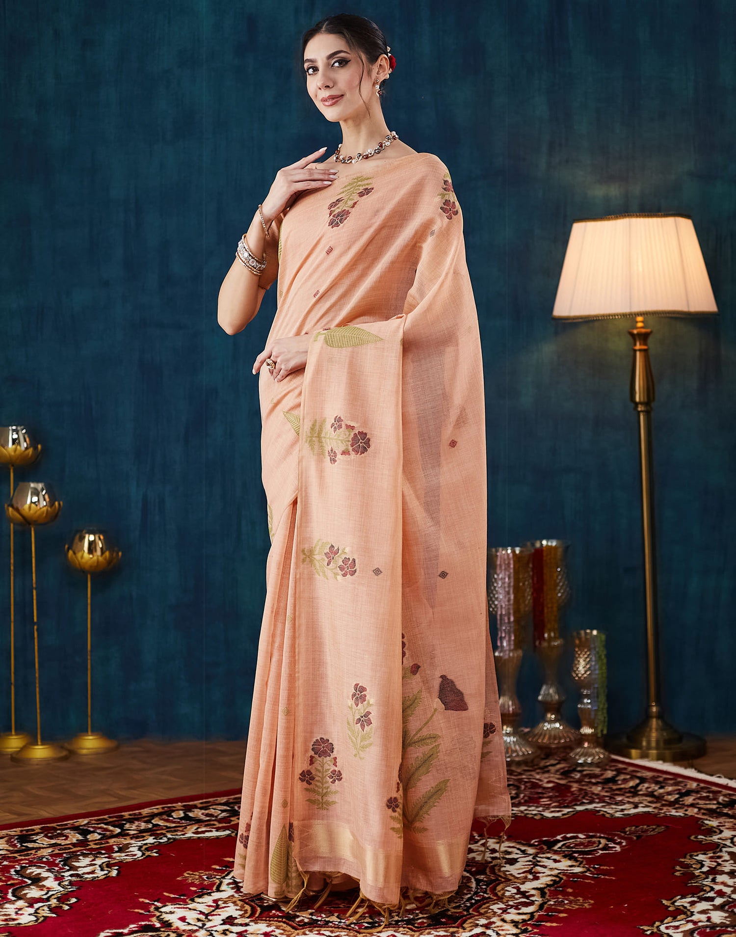 Dusty Peach Chanderi Weaving Jamdani Saree