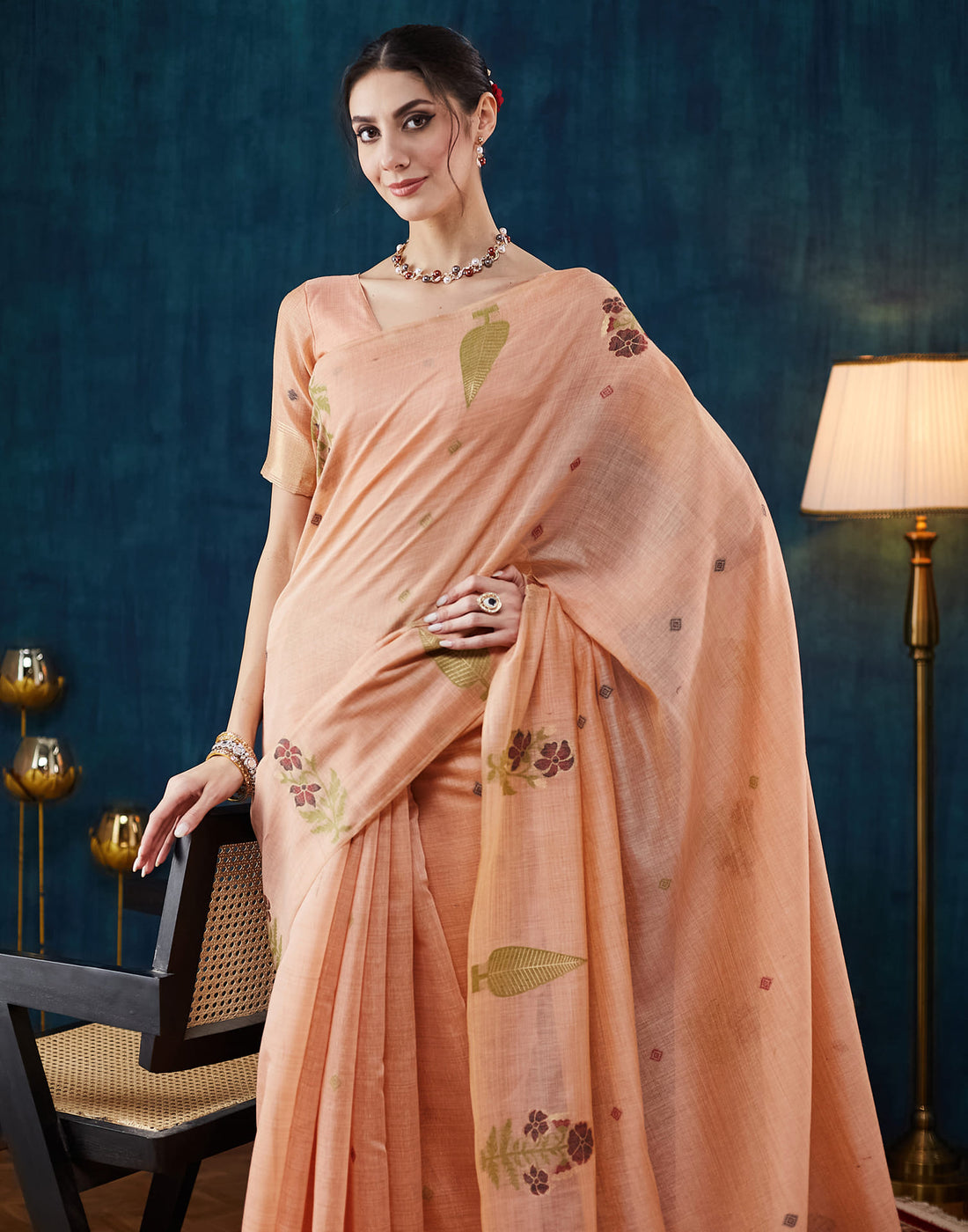 Dusty Peach Chanderi Weaving Jamdani Saree