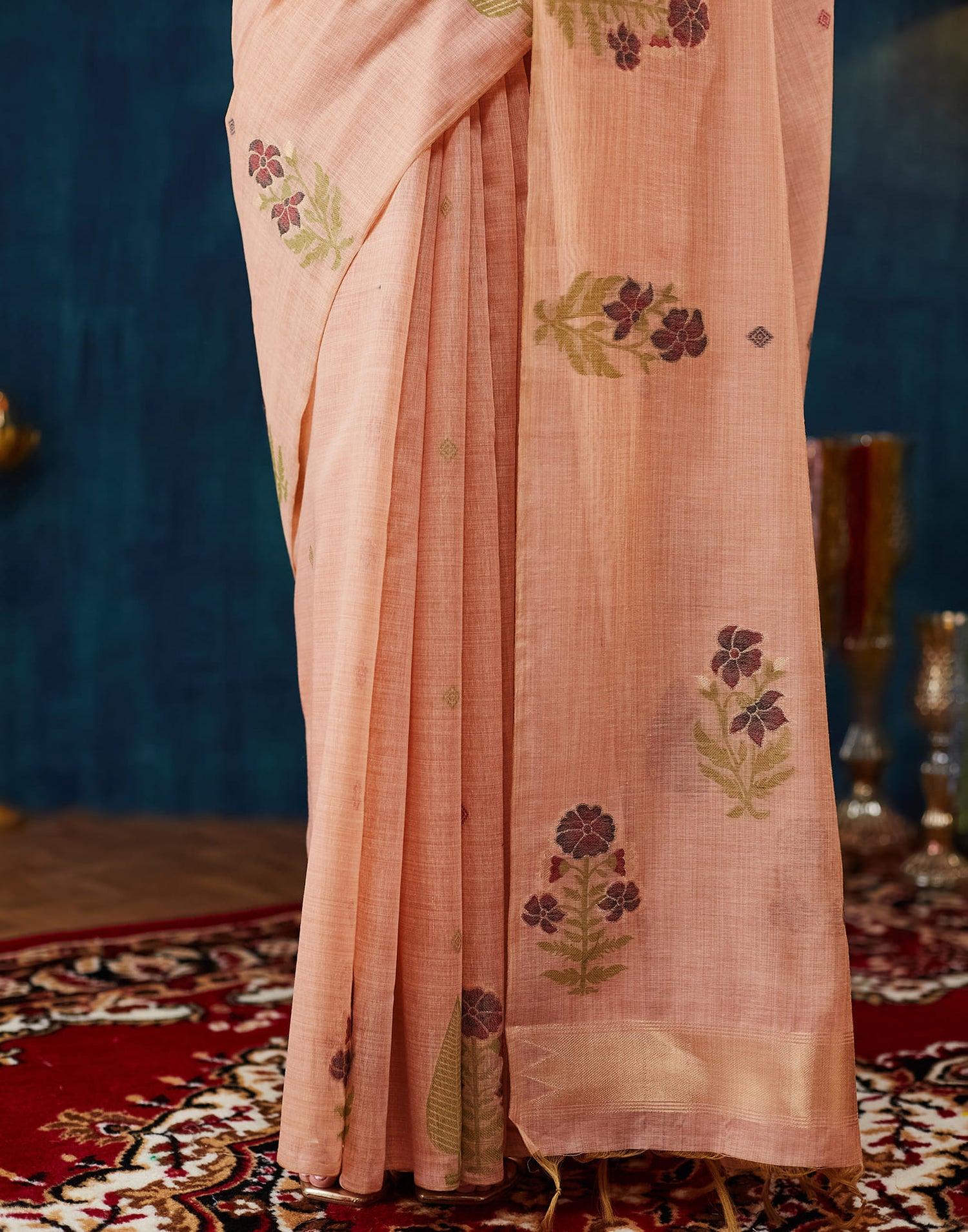 Dusty Peach Chanderi Weaving Jamdani Saree