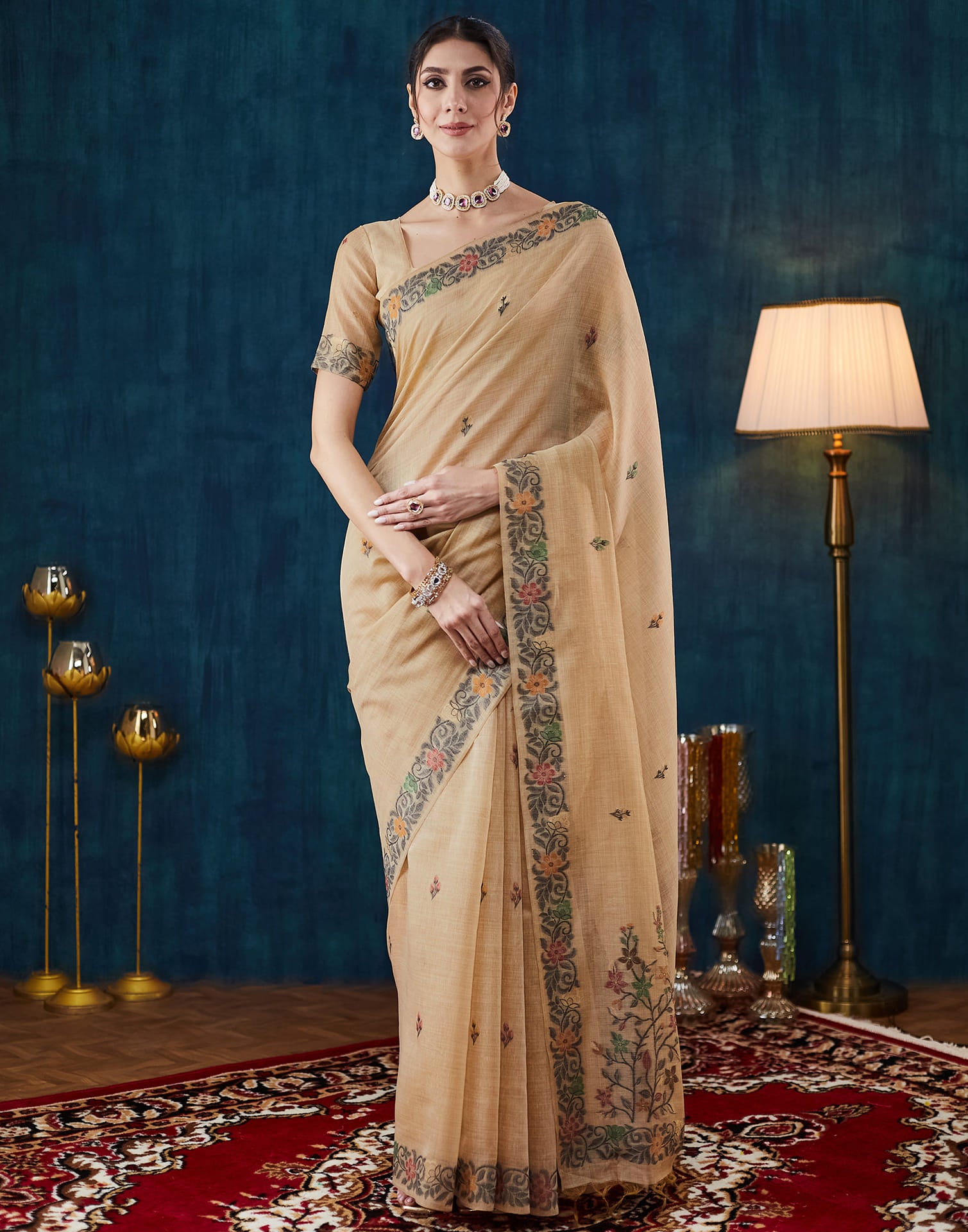 Beige Chanderi Weaving Jamdani Saree