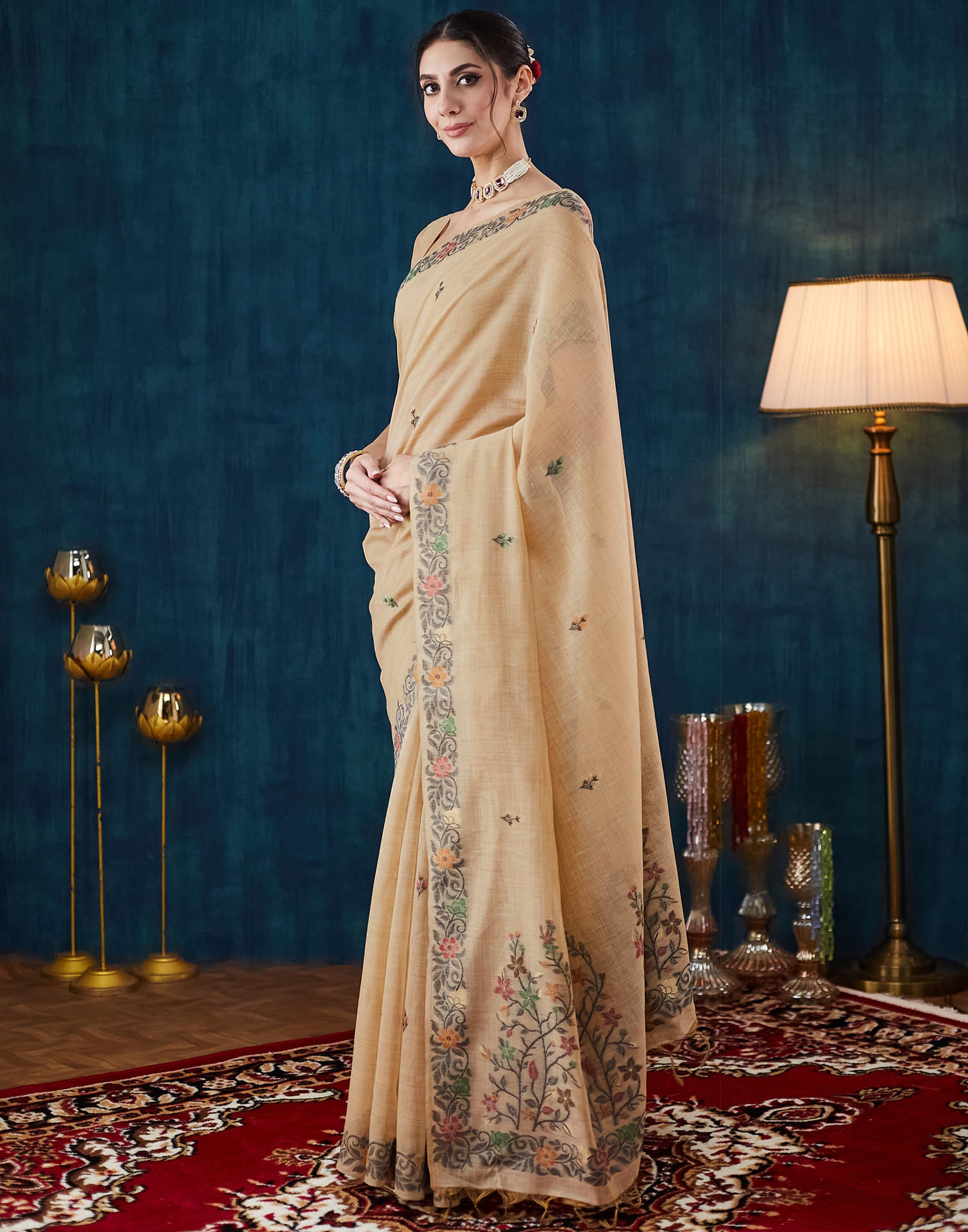 Beige Chanderi Weaving Jamdani Saree