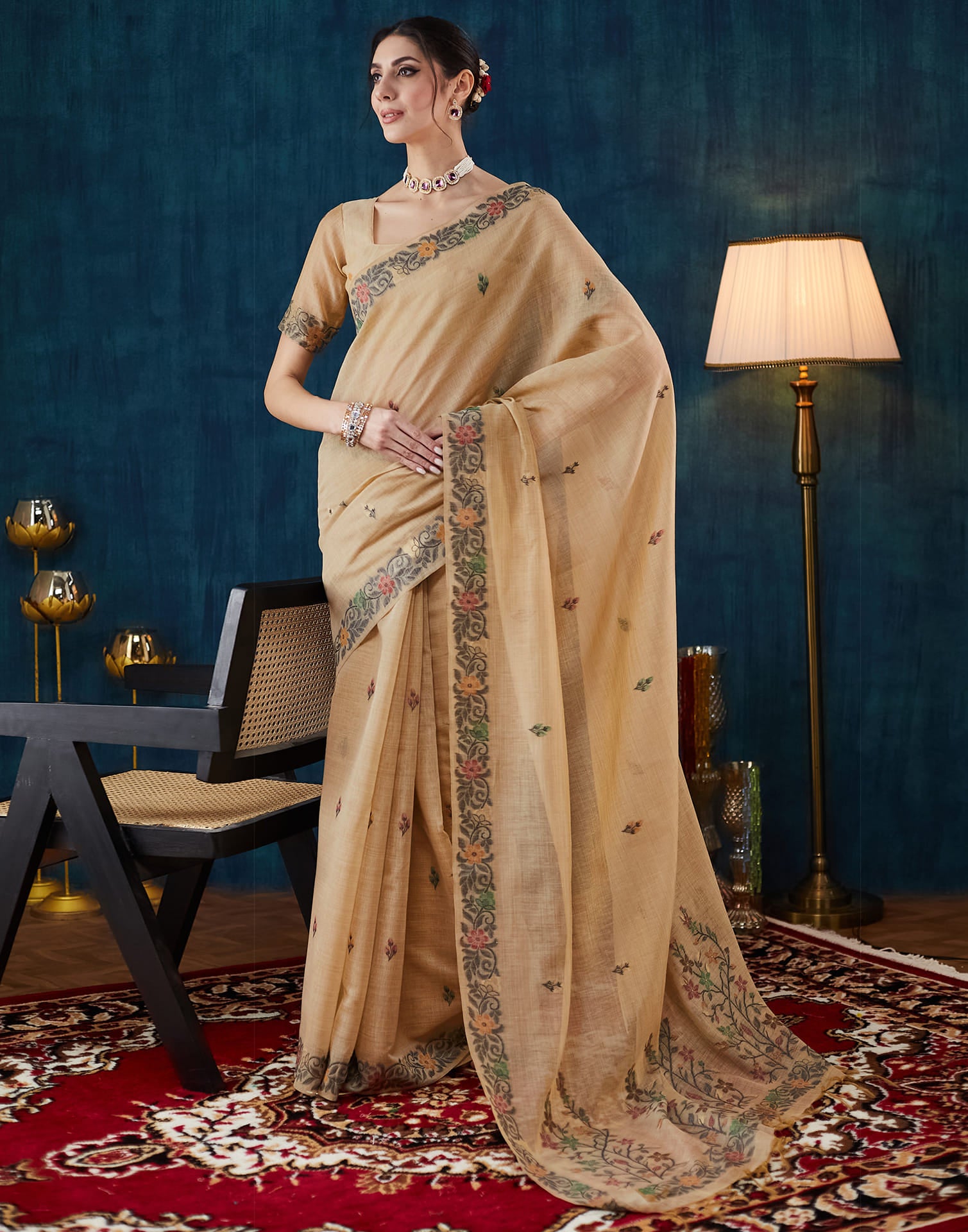 Beige Chanderi Weaving Jamdani Saree