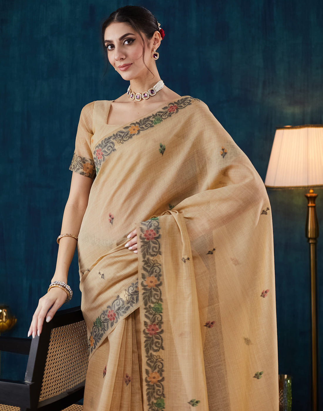 Beige Chanderi Weaving Jamdani Saree