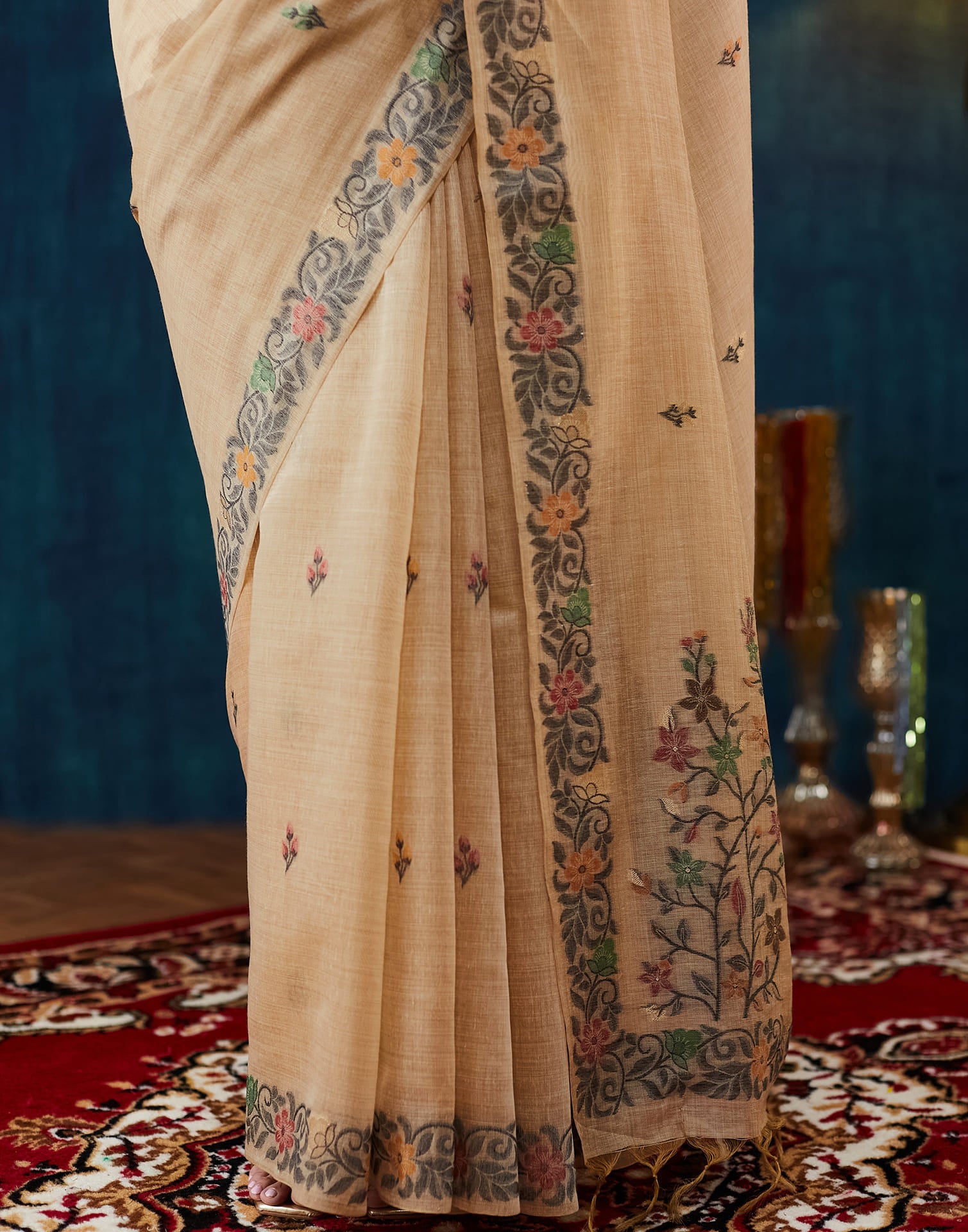 Beige Chanderi Weaving Jamdani Saree