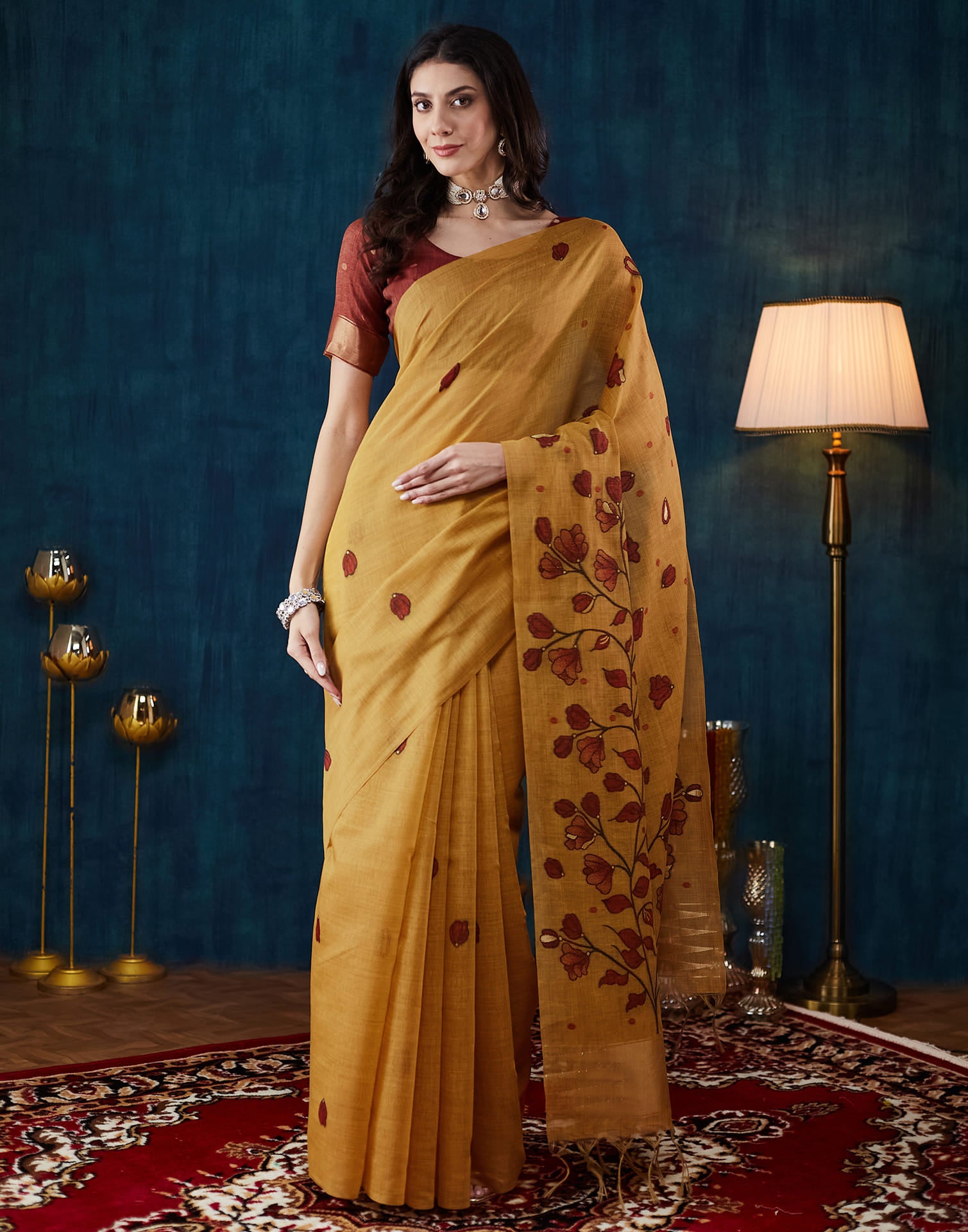 Mustard Yellow Chanderi Weaving Jamdani Saree