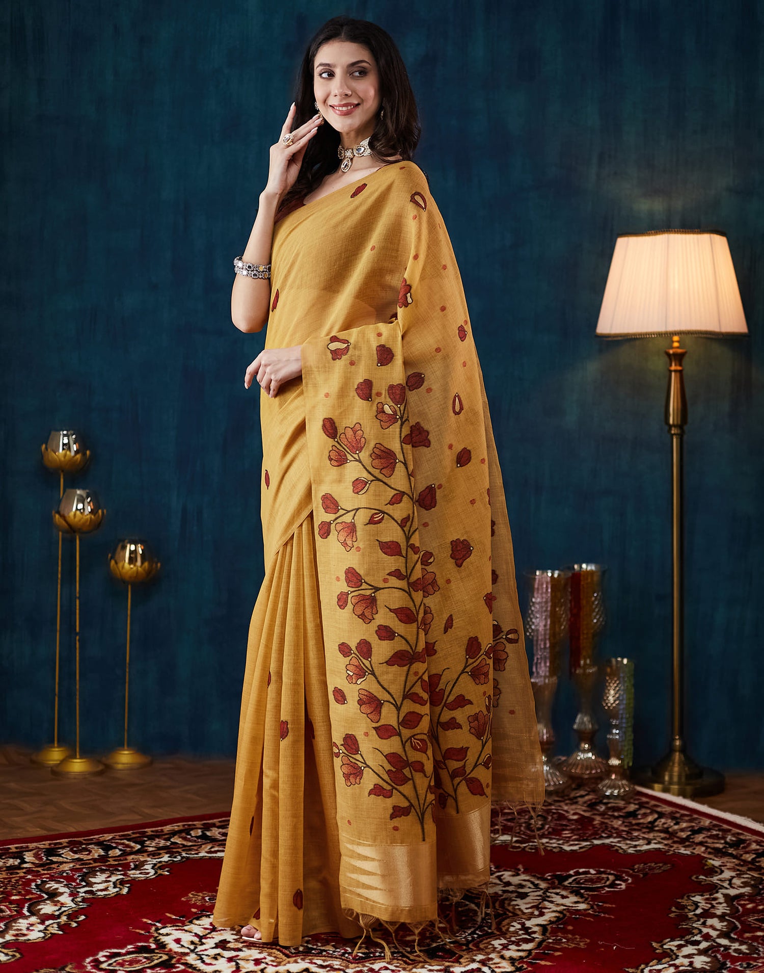 Mustard Yellow Chanderi Weaving Jamdani Saree