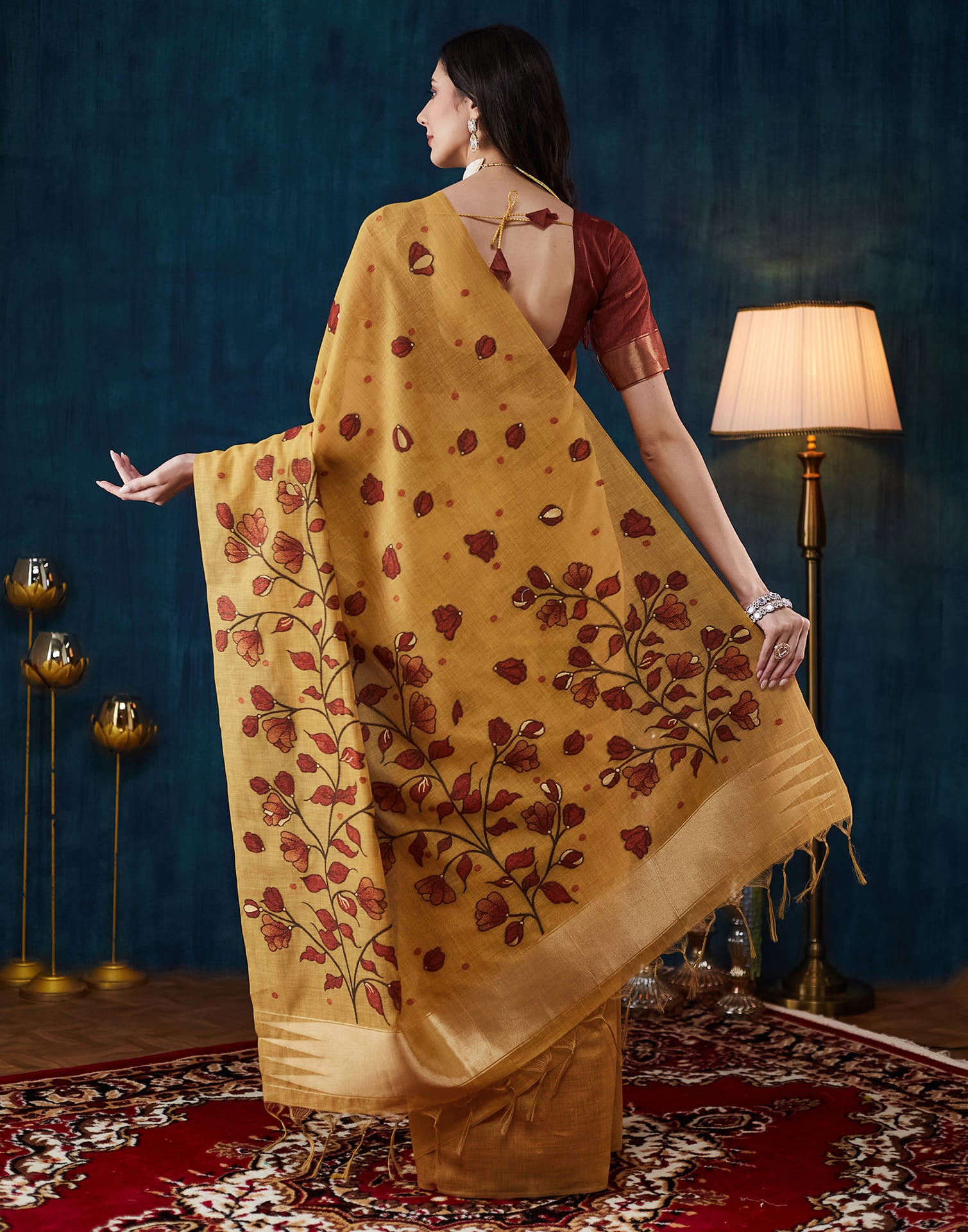 Mustard Yellow Chanderi Weaving Jamdani Saree