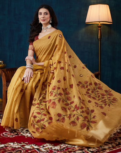 Mustard Yellow Chanderi Weaving Jamdani Saree