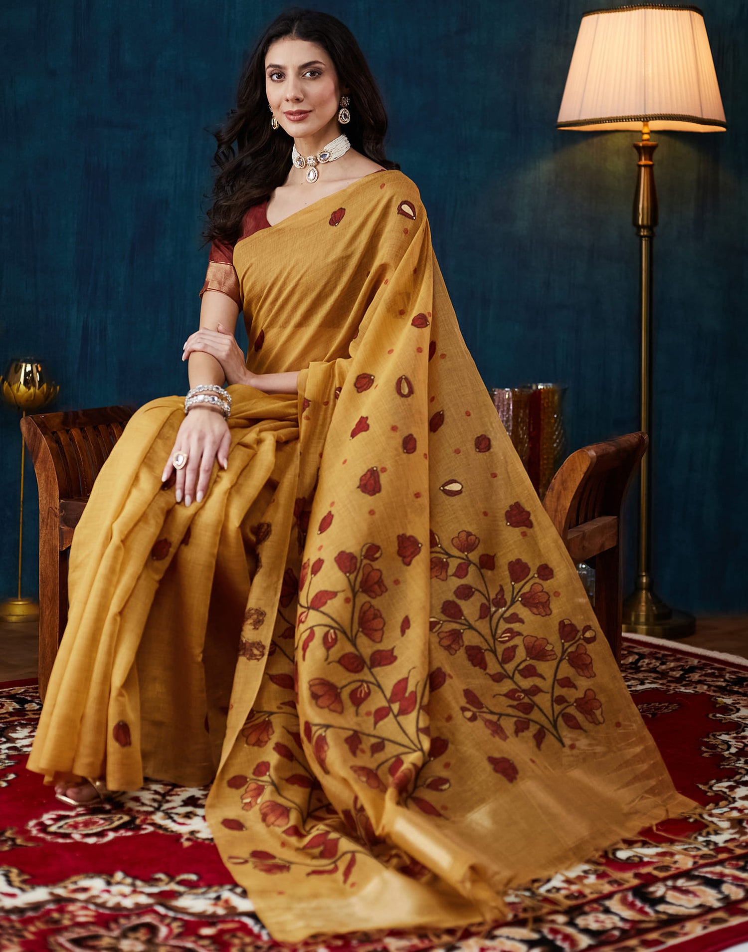 Mustard Yellow Chanderi Weaving Jamdani Saree