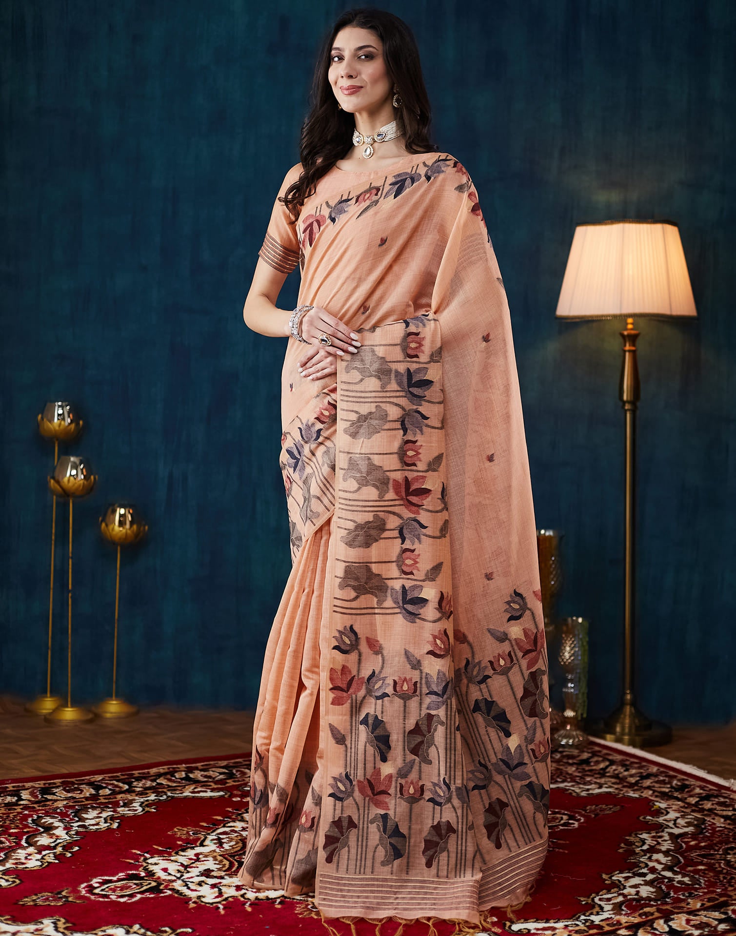 Dusty Peach Chanderi Weaving Jamdani Saree