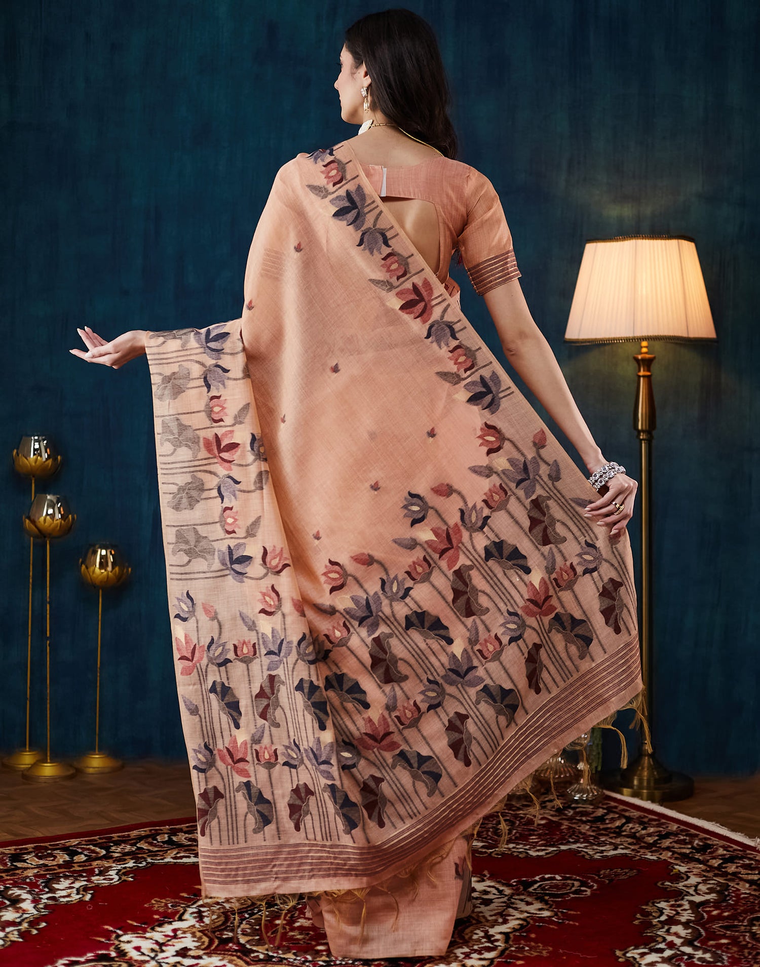 Dusty Peach Chanderi Weaving Jamdani Saree