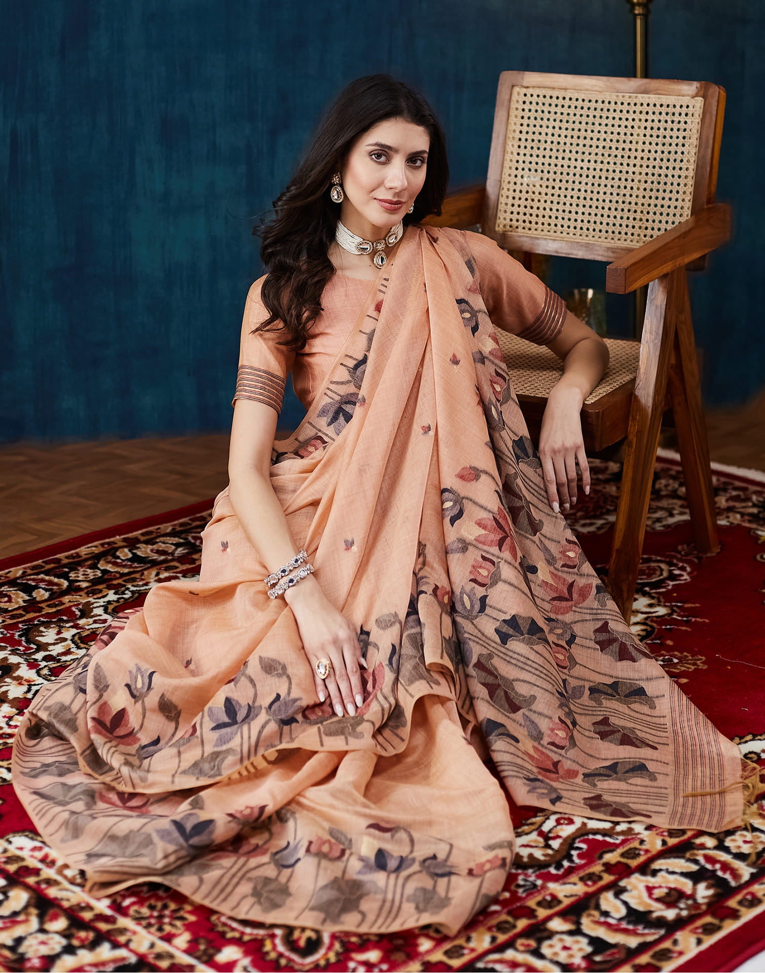 Dusty Peach Chanderi Weaving Jamdani Saree